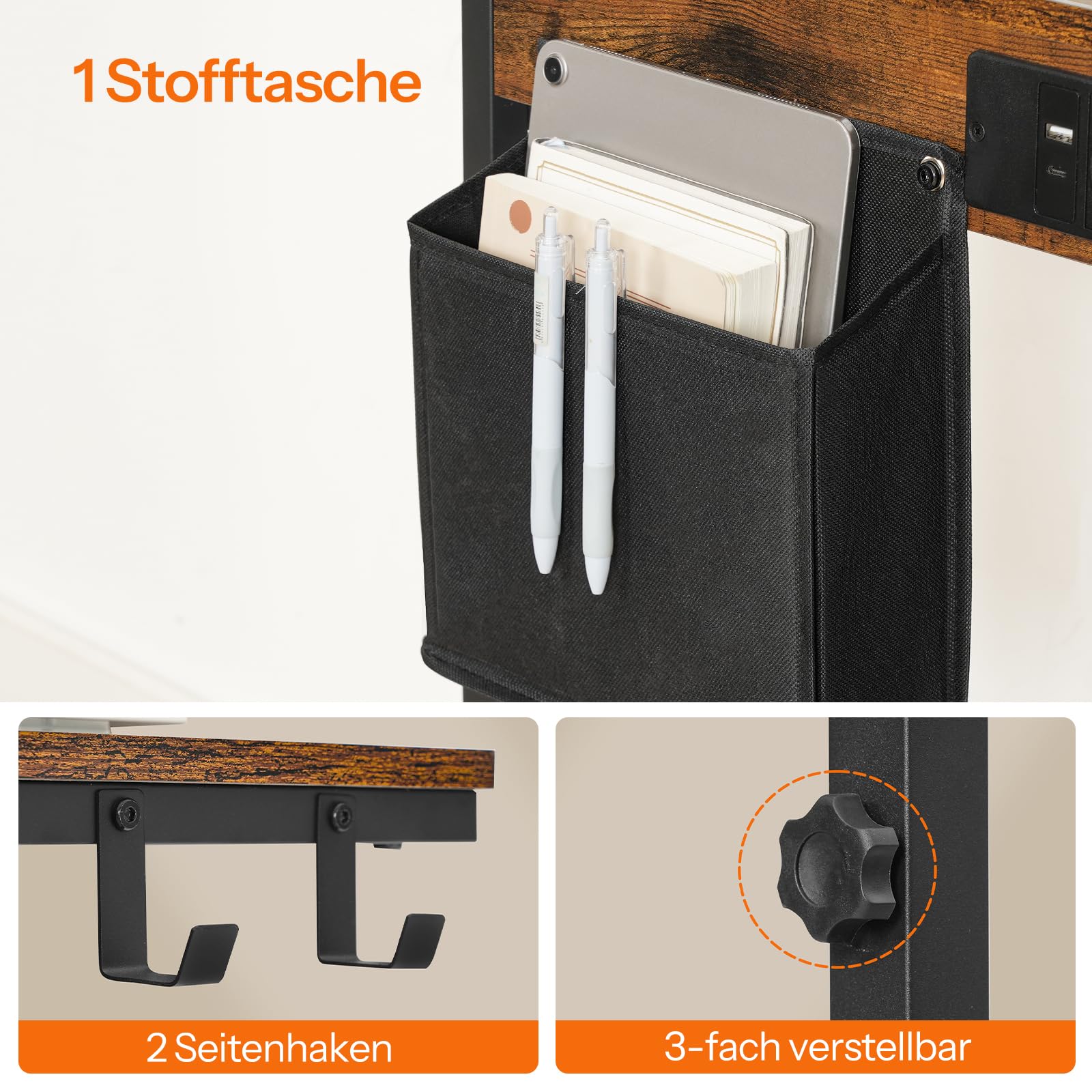 HOOBRO Druckerständer mit Ladestation, Computer Tower Ständer, Schreibtisch Drucker Cart mit Rollen, höhenverstellbar, für Wohnzimmer, Schlafzimmer, Büro, Vintagebraun und Schwarz EBF02CZJ01