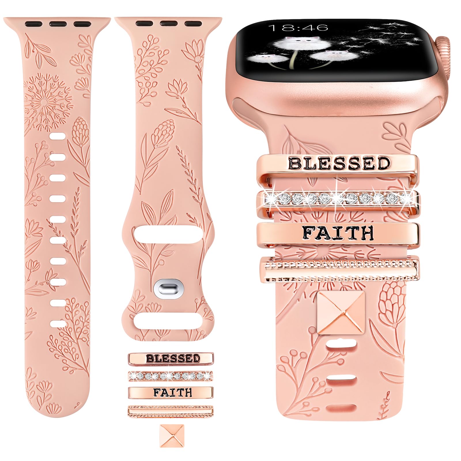 Minyee Compatible with Apple Watch Band with Charms Women 41mm 40mm 38mm 42mm 44mm 45mm 49mm Decorative Ring Loops Floral Engraved Silicone Strap for