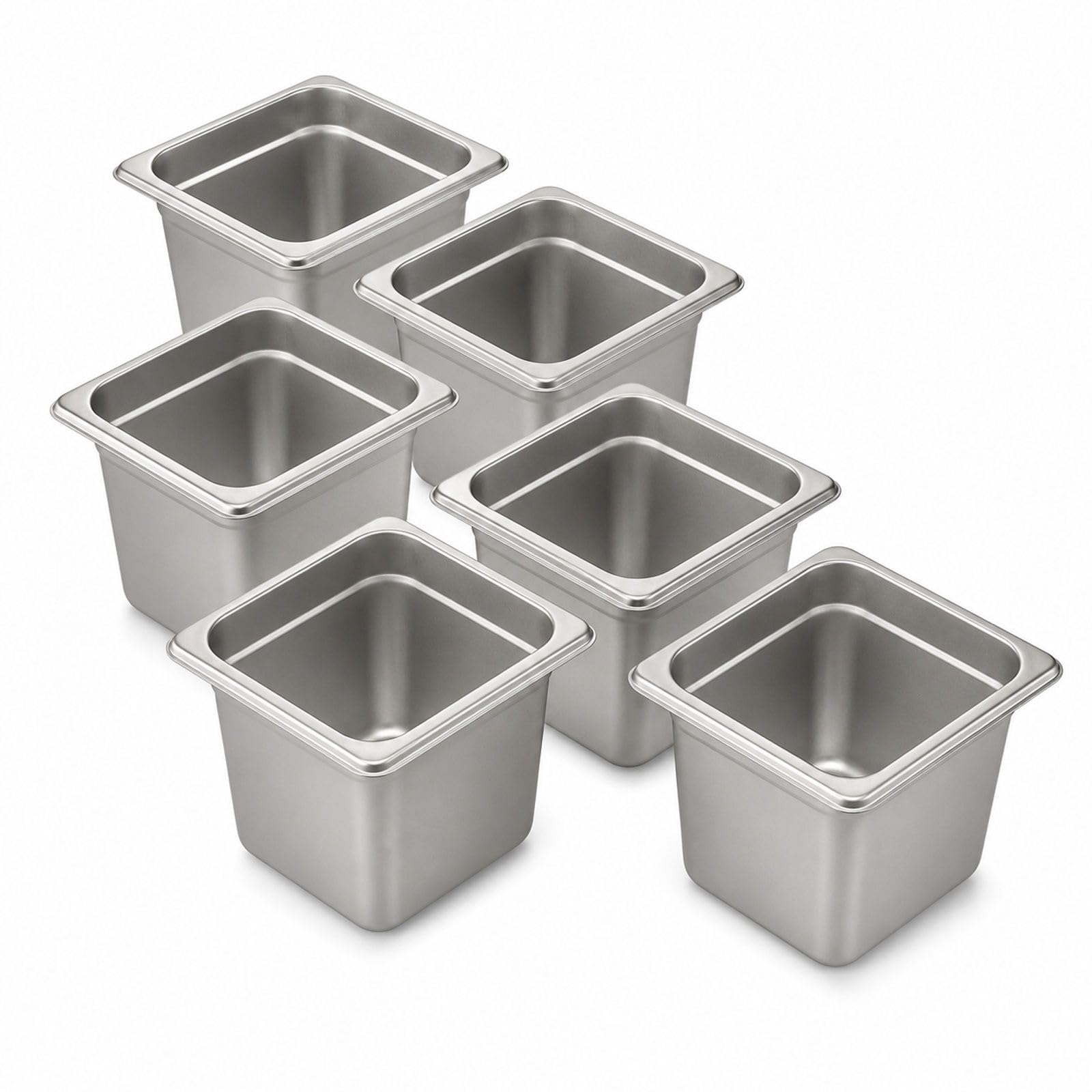 6er Set Gastronormbehälter GN 1/6 aus Edelstahl für Bain-Marie und Buffet |
