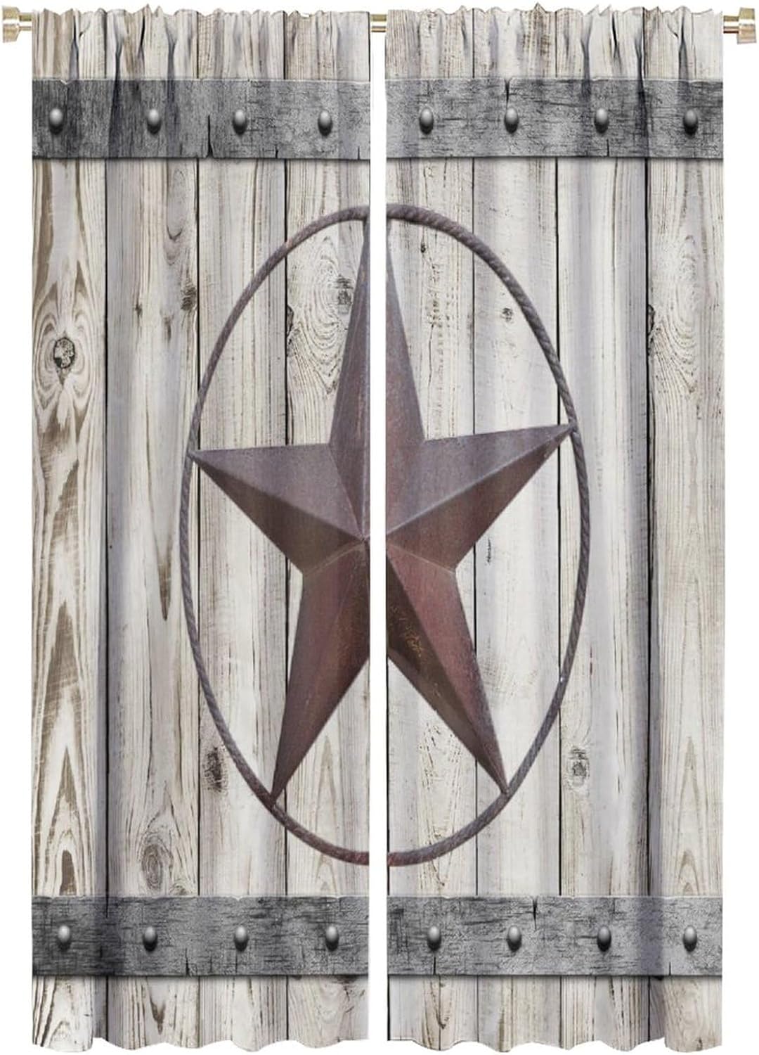 Rustic Country Kitchen Curtains, Vintage Farmhouse Retro Barn Door Wooden Board Star Pattern 2 Panels Window Treatments Rod Pocket Blackout Curtain for Bedroom Living Room Drapes 42x63in