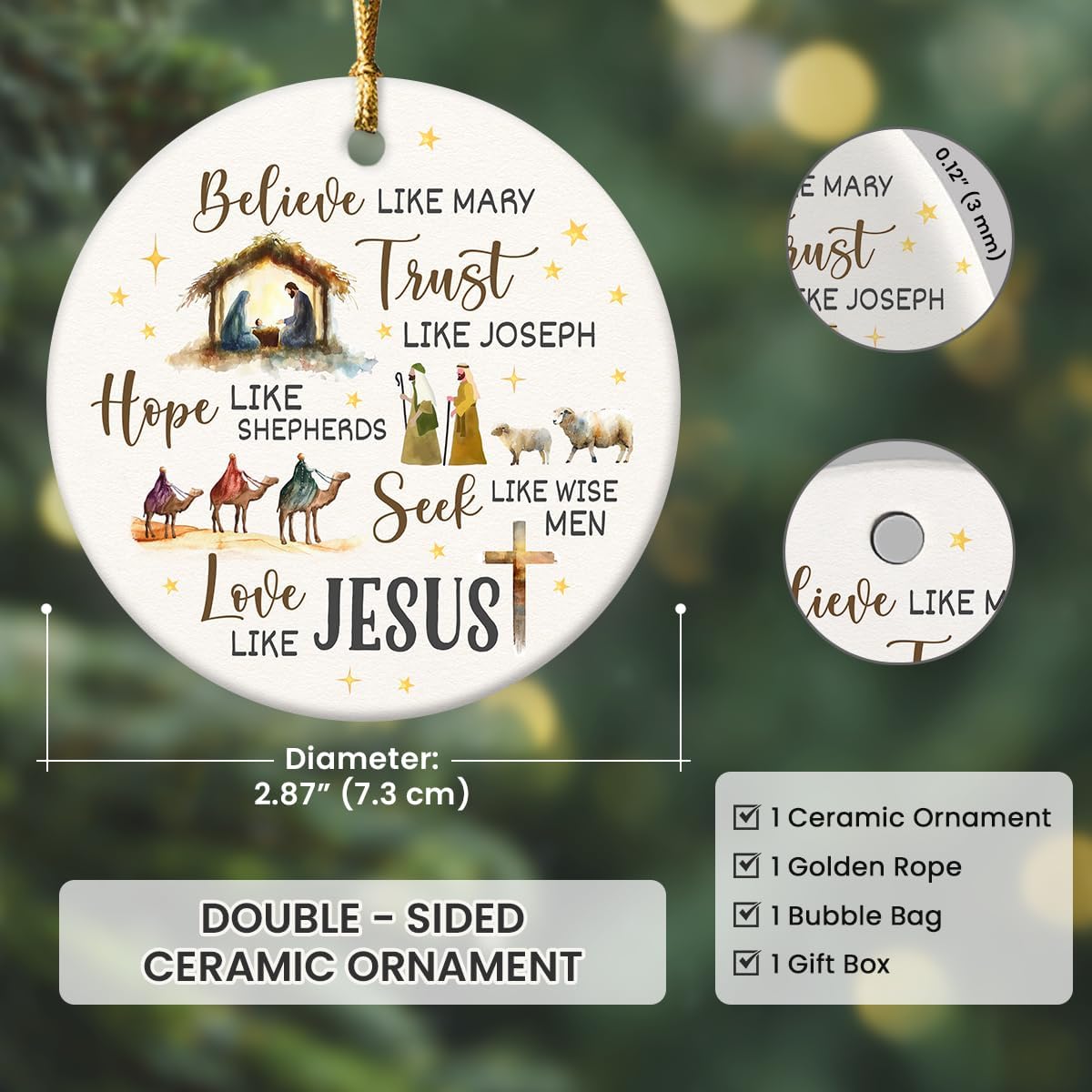 Nativity Christmas Ornaments 2026 - Believe Like Mary Trust Like Joseph Jesus Christmas Decorations - Round Ceramic Ornament for Christian Gifts, Religious Christmas Ornaments, Nativity Decor - Image 2