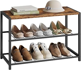 WOLTU Shoe Bench, 2-Tier Shoe Rack with 6 Pairs, Metal Frame, Wooden Seat, for Entrance and Bedroom