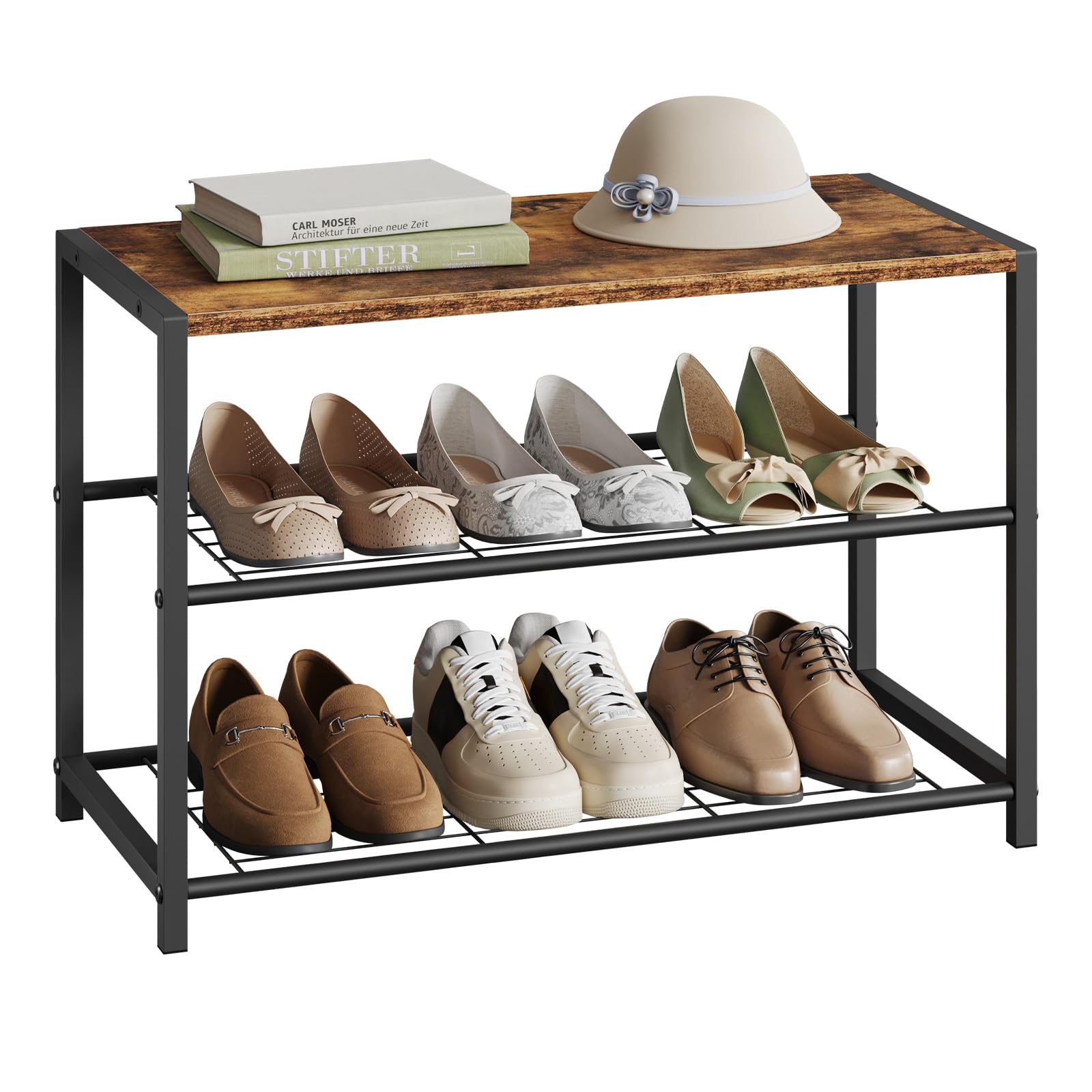 WOLTU 3 Tier Shoe Bench with Seat, Industrial Narrow Shoe Storage Organizer, Metal & Engineered Wood Hallway Bench, Space Saving Footwear Cabinet for Entryway Small Space Living Room, 63x30x43cm — image 1