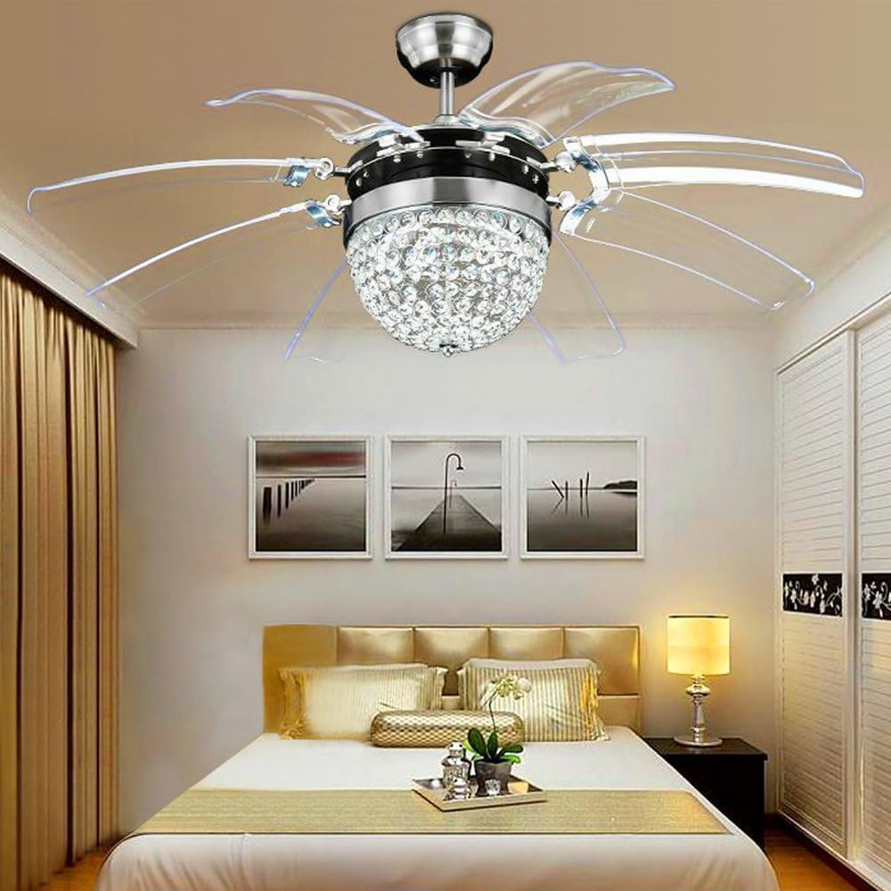 Crystal Ceiling Fan Remote Control Modern Fly Invisible 8 Leaf Fan Light Decorative Living Room Restaurant Chandelier 42 Inch Silver (220V)