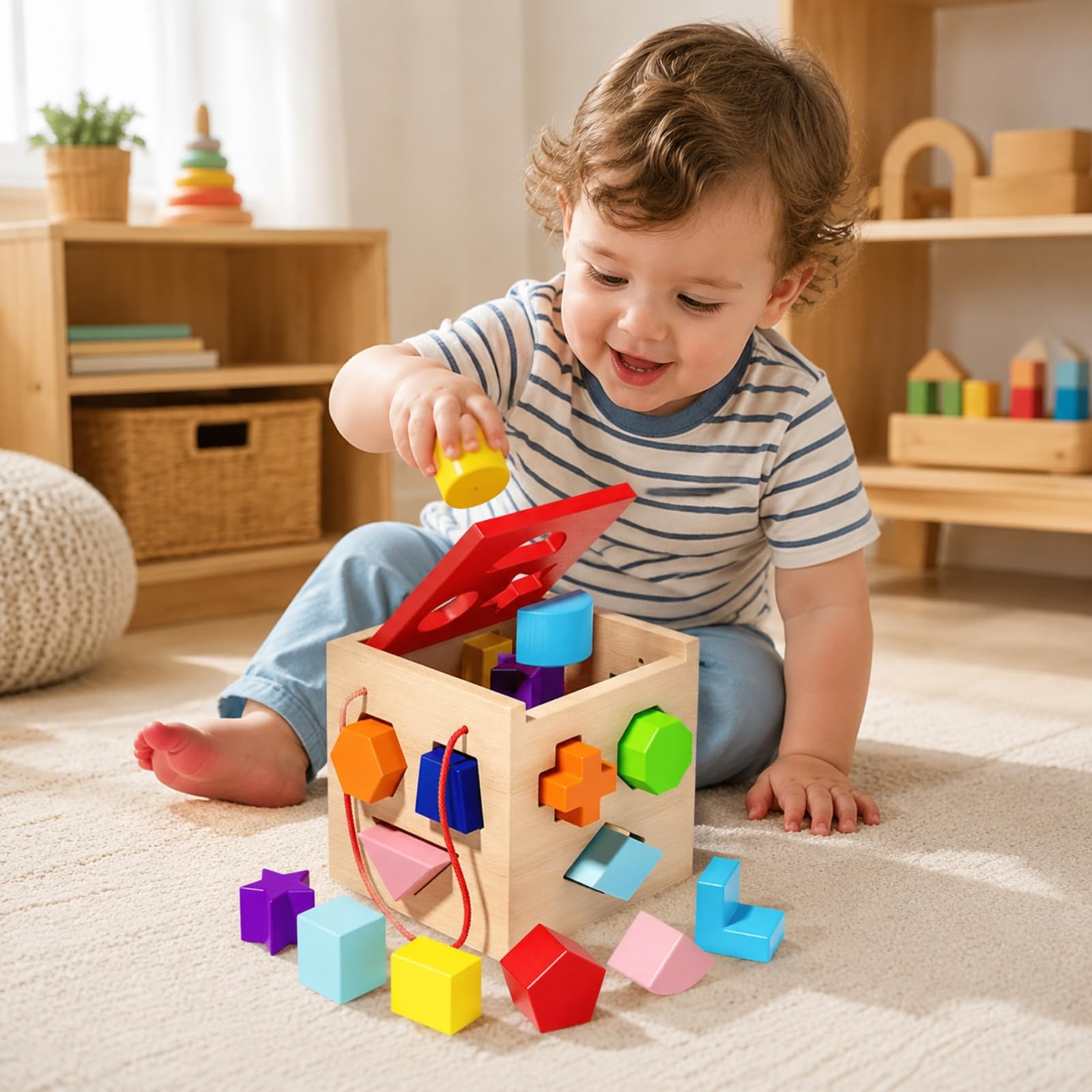 Scatola attività in Legno con Incastro Forme Colorato Cubo di in Legno Facile da Afferrare per Neonati