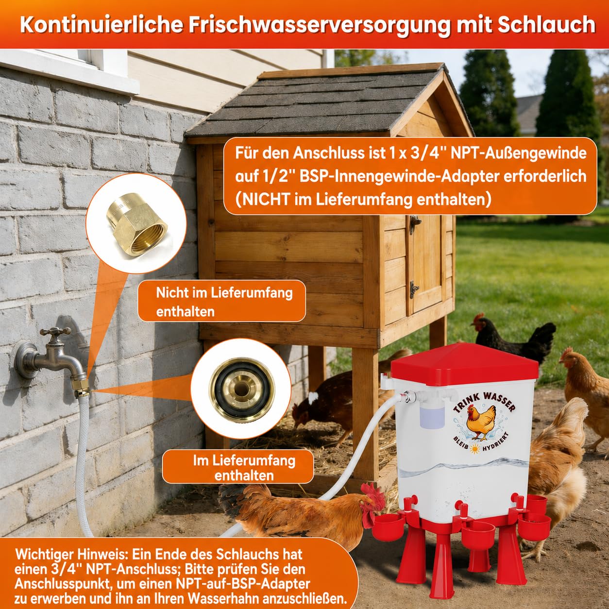 Automatischer Futterautomat Hühner 12KG & Hühnertränke 11.4L mit Schwimmerventil, Geflügeltränke, 4 Näpfe, 3 Anschlüsse, Wassertränke Futterspender Hühner, Zubehör für Stall, Tauben, Wachteln (Rot)