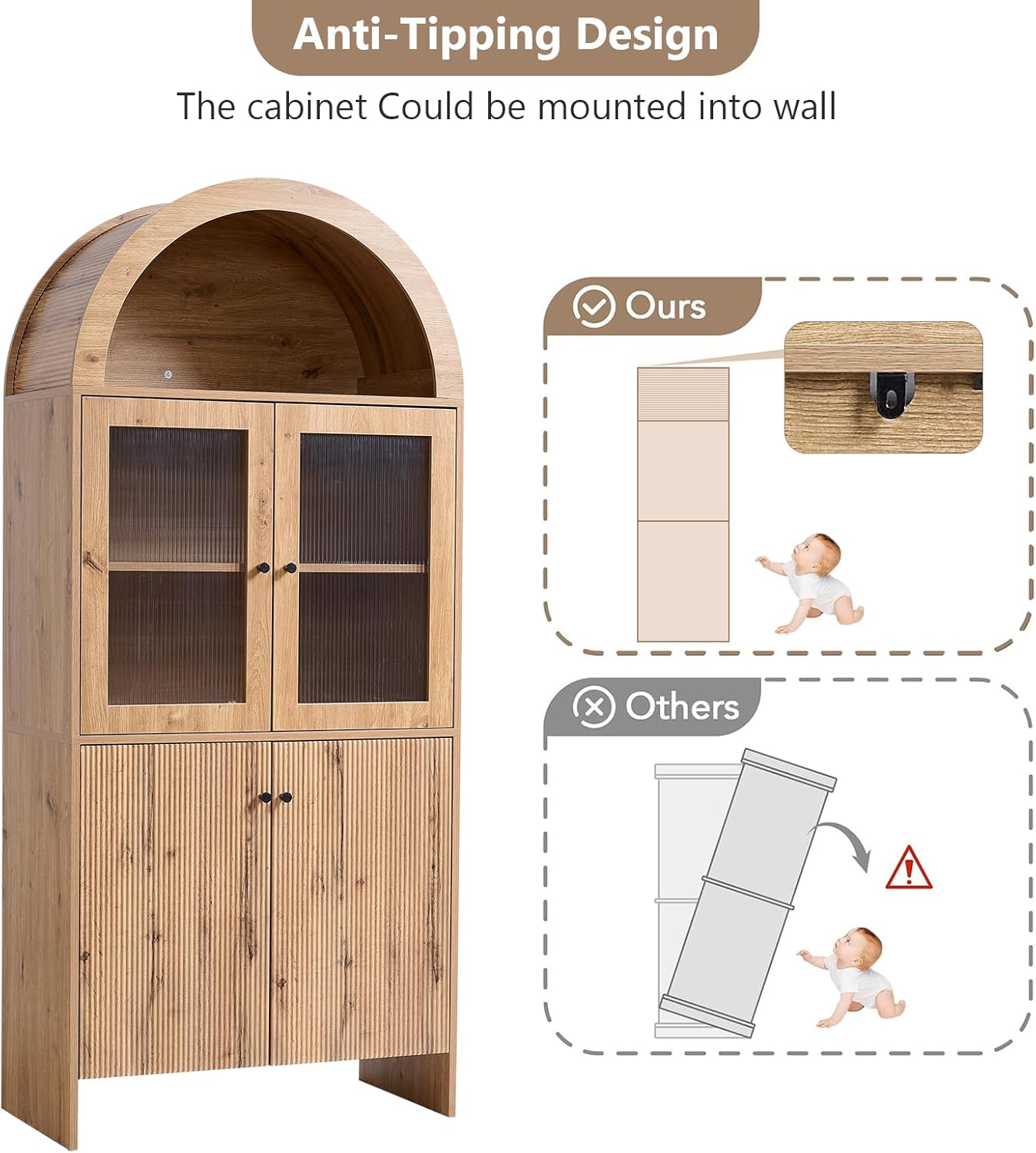 Hommoo Arched Kitchen Pantry Cabinet Tall Wood Storage Cabinets with Doors and Adjustable Shelves Utility Hutch Cabinet Freestanding Kitchen Cupboard for Dining Room Living Room Natural Wood