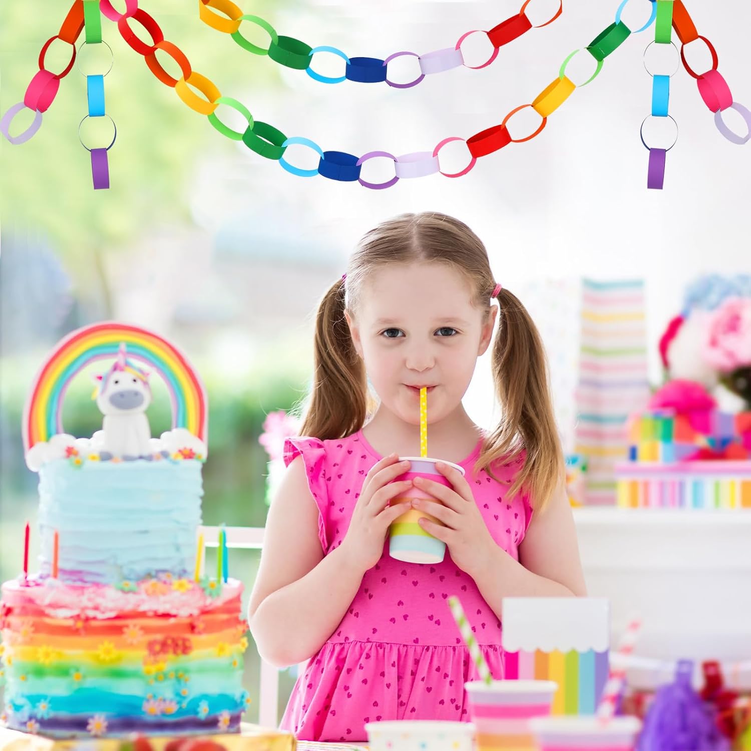 800pcs Rainbow Paper Chains with Glue Tapes, 10 Colors, Paper Craft Favors for Birthday, Baby Shower, Party Decoration