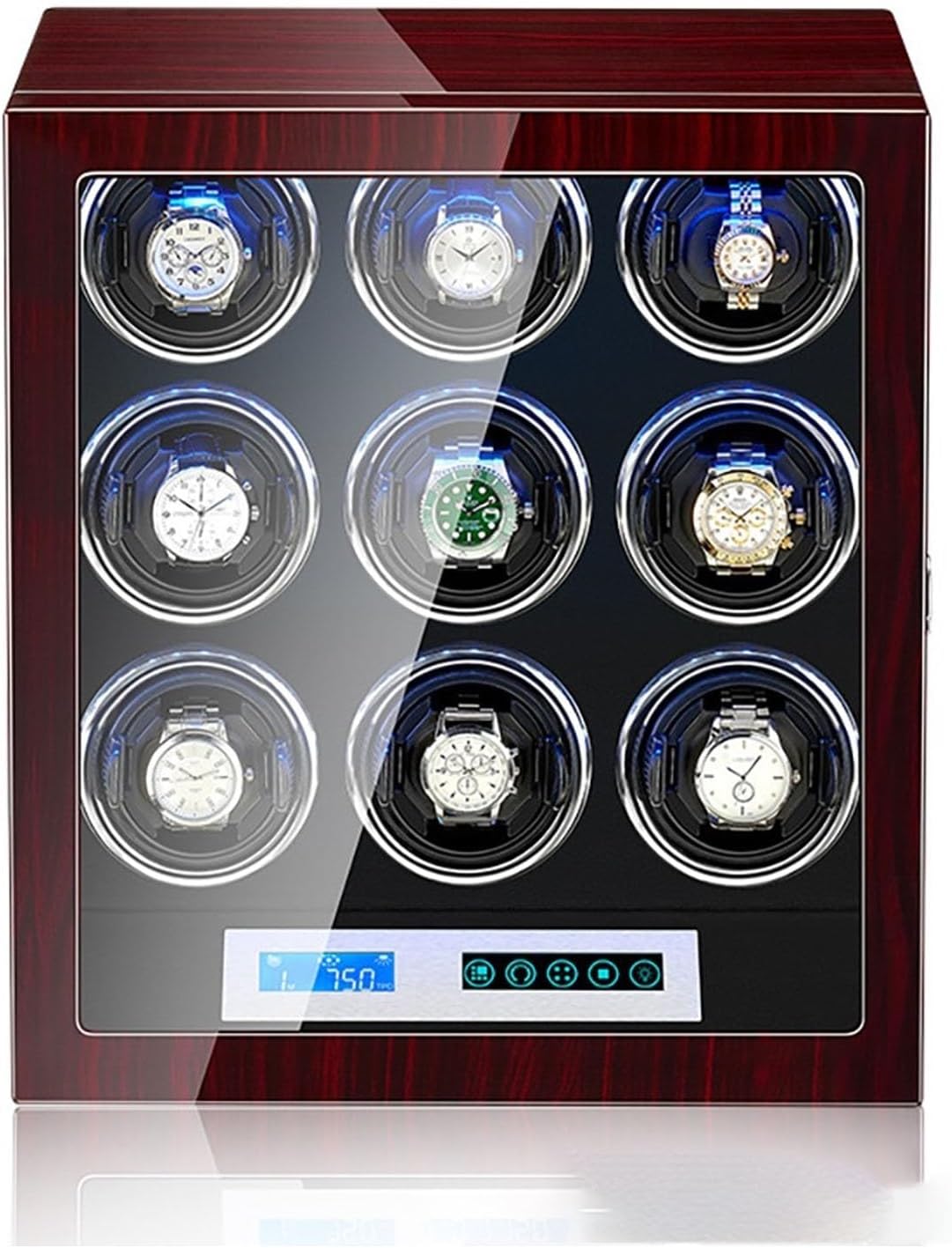 Watch Winders Automatic Watches Display Case with LCD Display and LED Light 5 Rotation Modes Battery Powered or AC Adapter，9+0，9+0