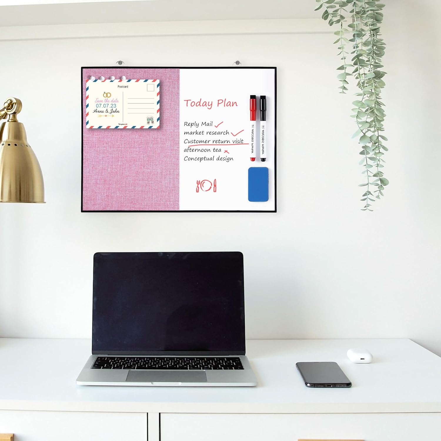 ARCOBIS Dry Erase Linen Board, 12"X16" Small Cork Board White Board Combination, Double-Sided Magnetic Bulletin Board for Wall, Vision Board for Home, Office, School, Pink