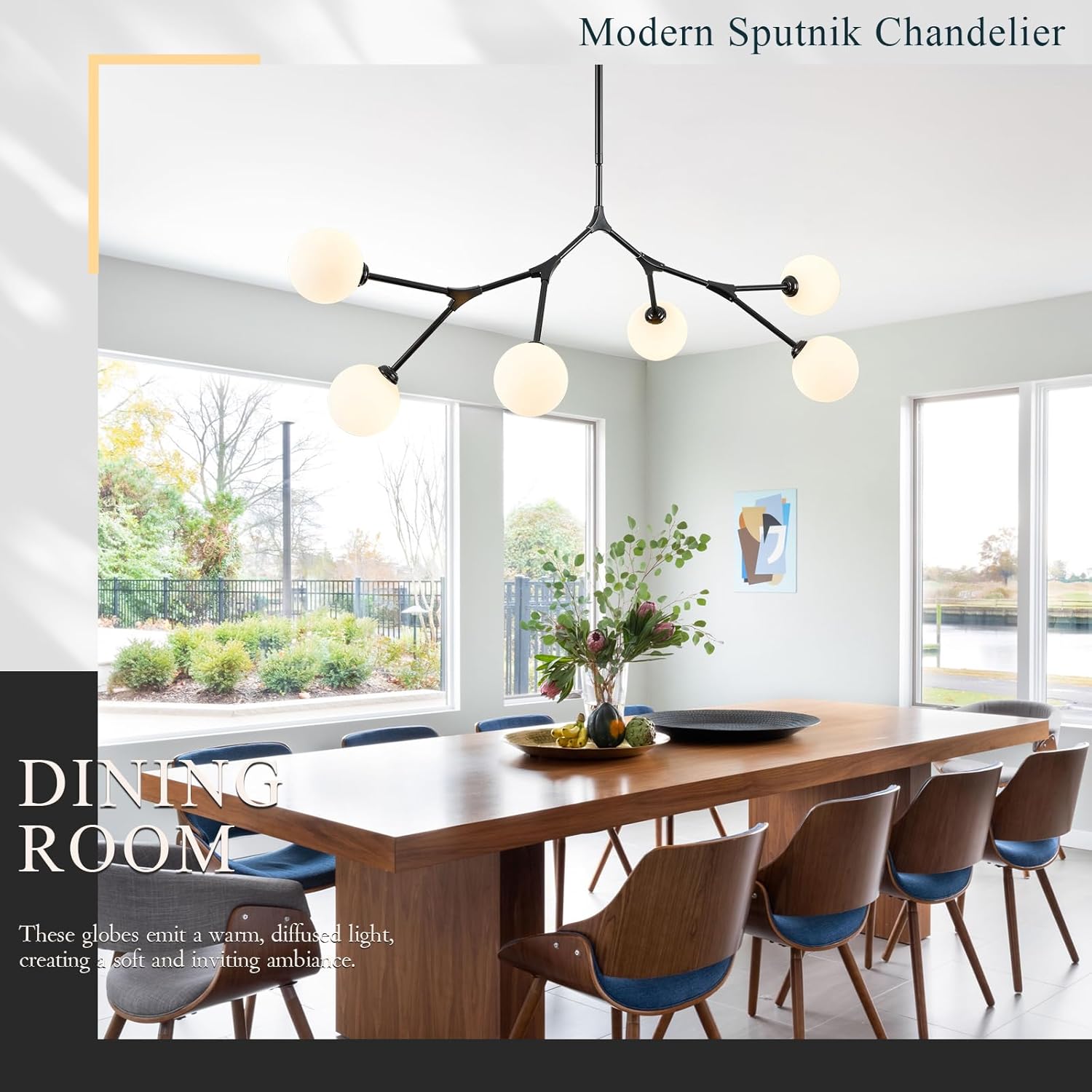 6 Lights Sputnik Chandelier for Dining Room L45’’ Black Modern Pendant Light Fixture with Milk Glass Shade Large Mid Century Chandeliers for Kitchen Island Living Room Foyer