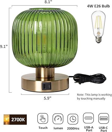 Miniatura 6 de Lámpara de mesa táctil grande, elegante lámpara de noche de cristal verde, regulable de 3 vías con puertos de carga USB C+A, mesita de noche para