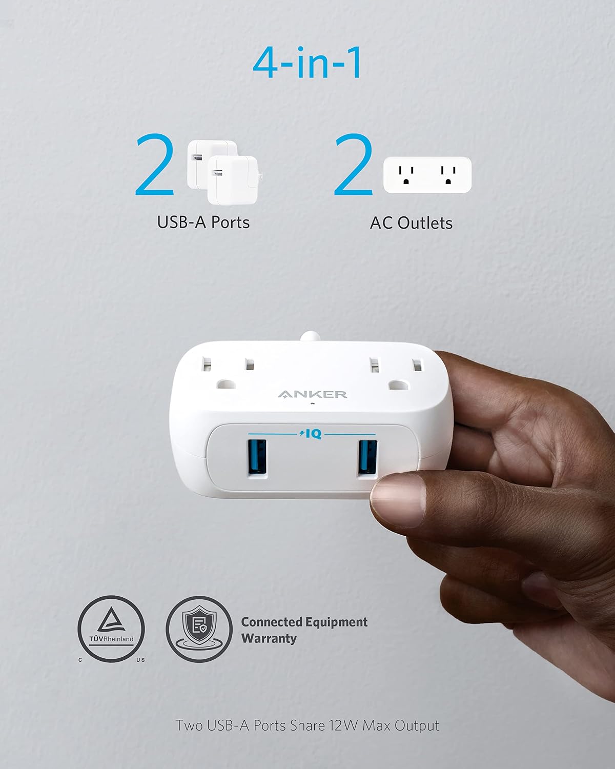 Anker Extension Cord,Mini Power Strip with USB Ports ,2 Outlets and 2 USB-A Ports, Flat Plug, 5 ft Extension Cord, Safety System for Travel, Desk, and Home Office, TUV Listed