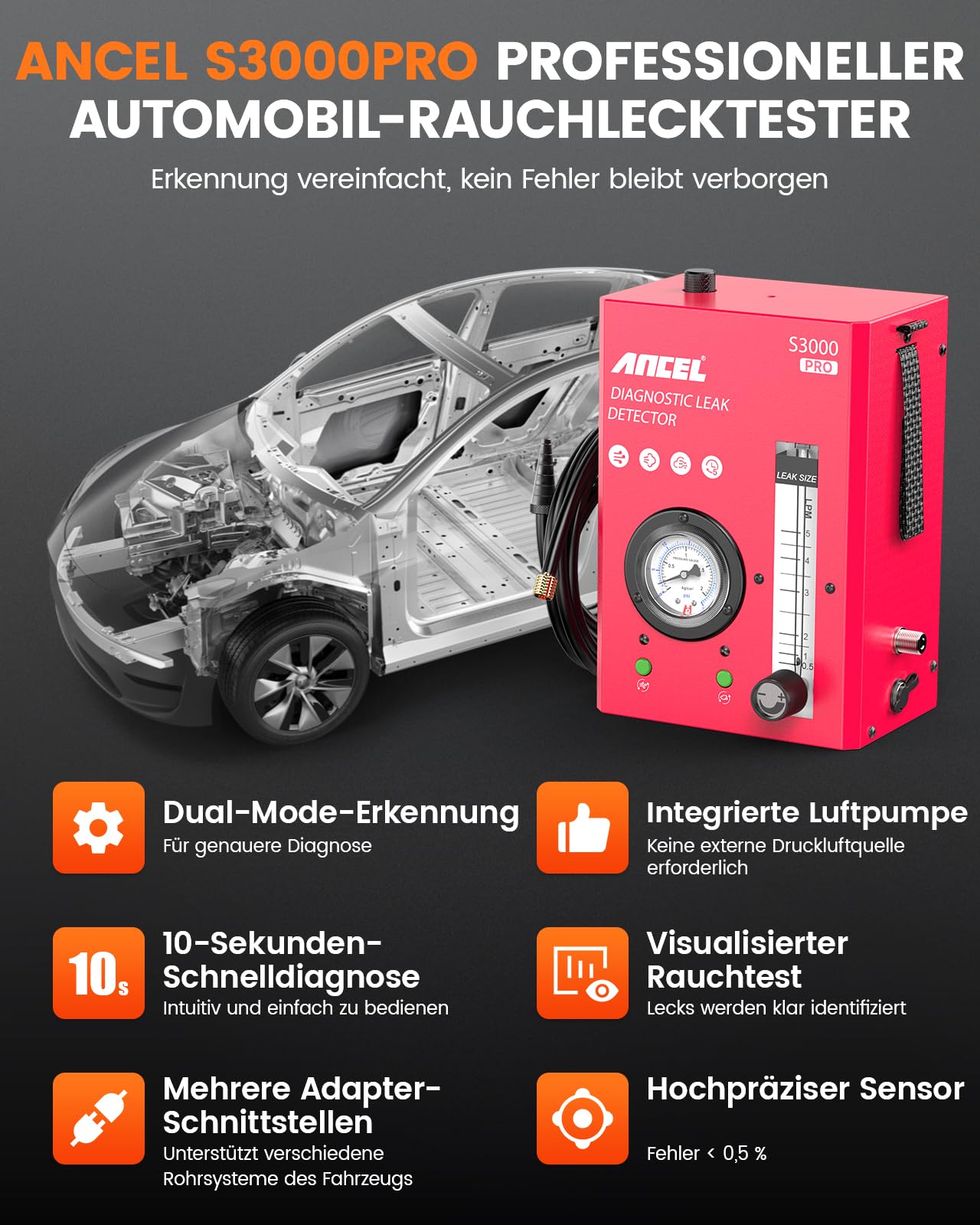 ANCEL S3000PRO KFZ Nebelmaschine mit eingebauter Luftpumpe und Manometer, Auto Rauchmaschine Lecksuchgerät mit Zwei Modi, Professionelle Smoke Leak Detector für Full Autos System Lecks Test