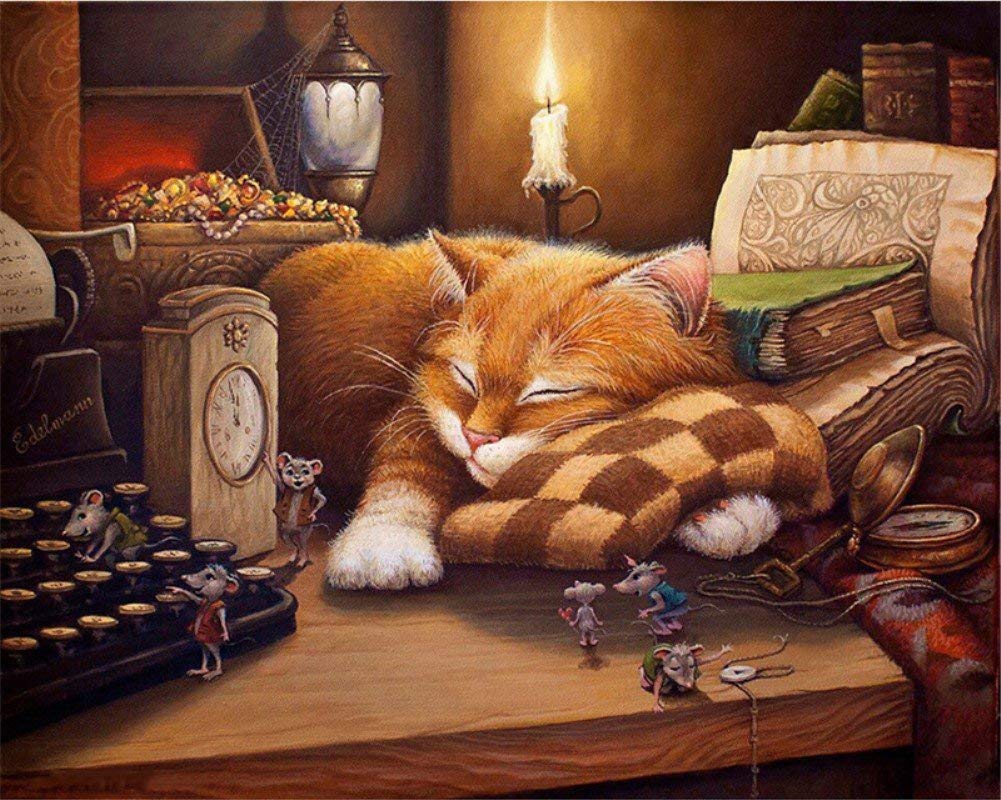 Abeuty Clear Diy Paint By Numbers For Adults Beginner - Sleepy Cat & Mouse Candle 16X20 Inches Number Painting (Wooden Framed)