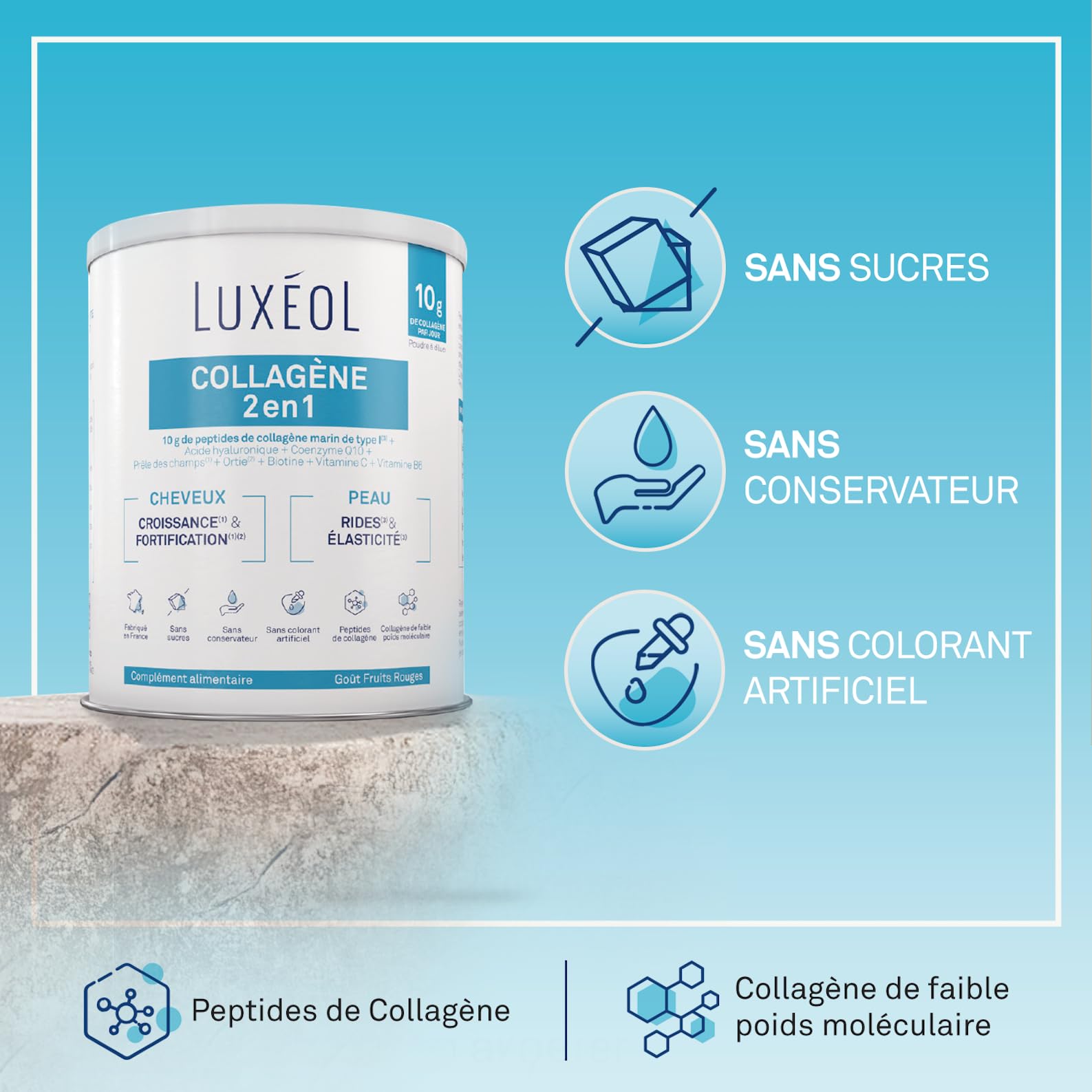 Luxéol - Collagène 2 en 1 - Complément Alimentaire - Croissance(1) & Fortification(1)(2) - Rides(3) & Elasticité(3) - 10 g Collagène Marin Type l + Acide Hyaluronique + coQ10-275 g (Programme 25 j)
