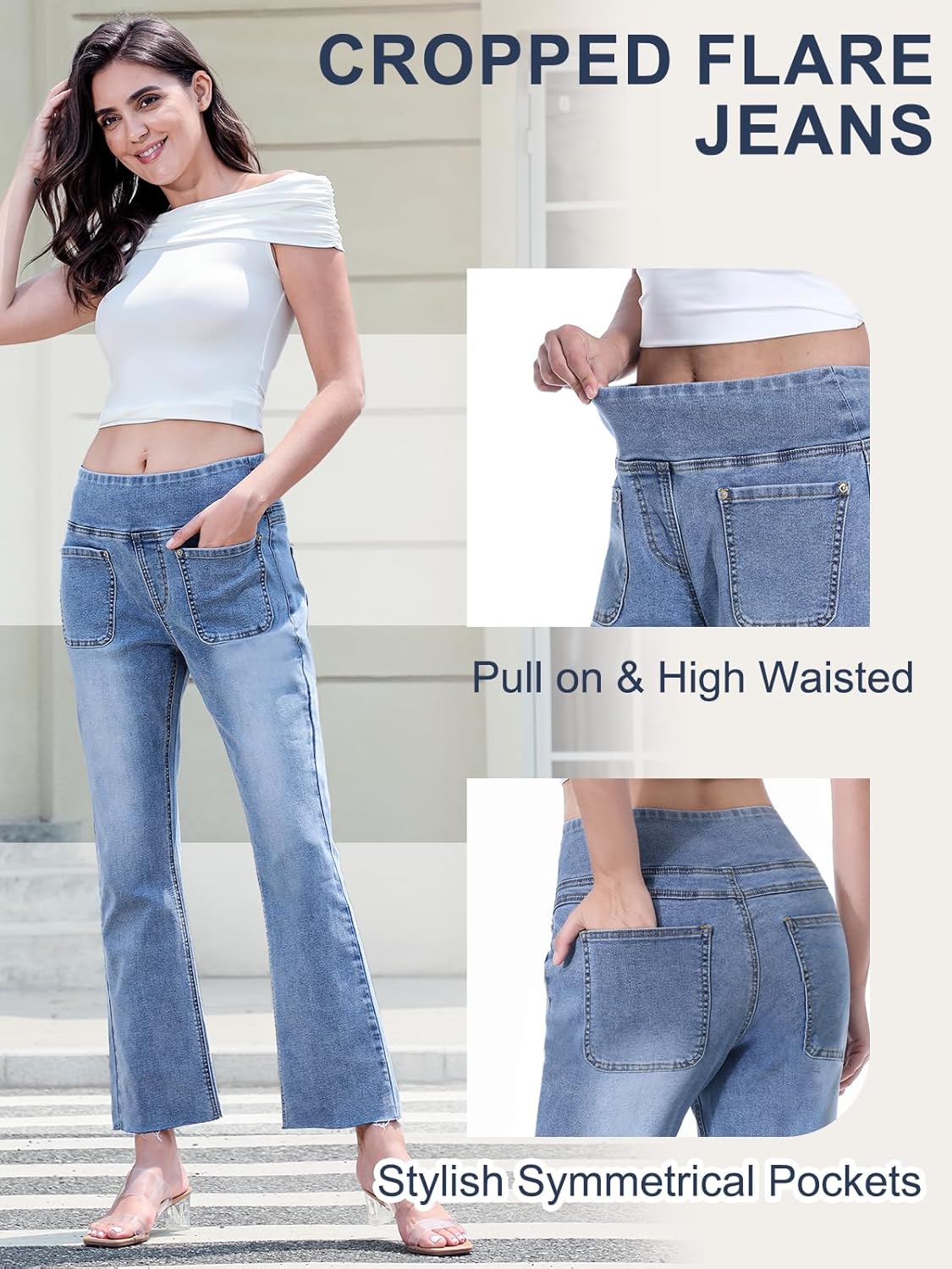 Cropped Pull on Jeans for Women, Trendy Stretchy High Waisted Flared Jeans Skinny Bell Bottom Boot Cut Jeans - Image 4