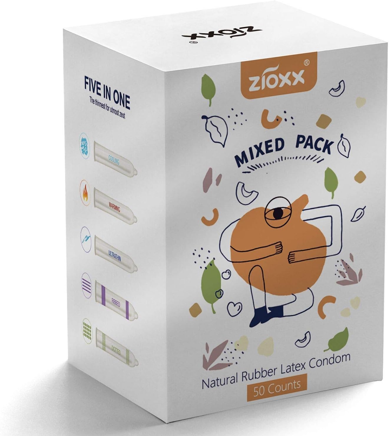 Zioxx Mixed Pack Condoms 5-in-1 Extra Thin Dotted Ribbed Cooling and Warming Sensation Water Based Lubricated Variety Pack of 50