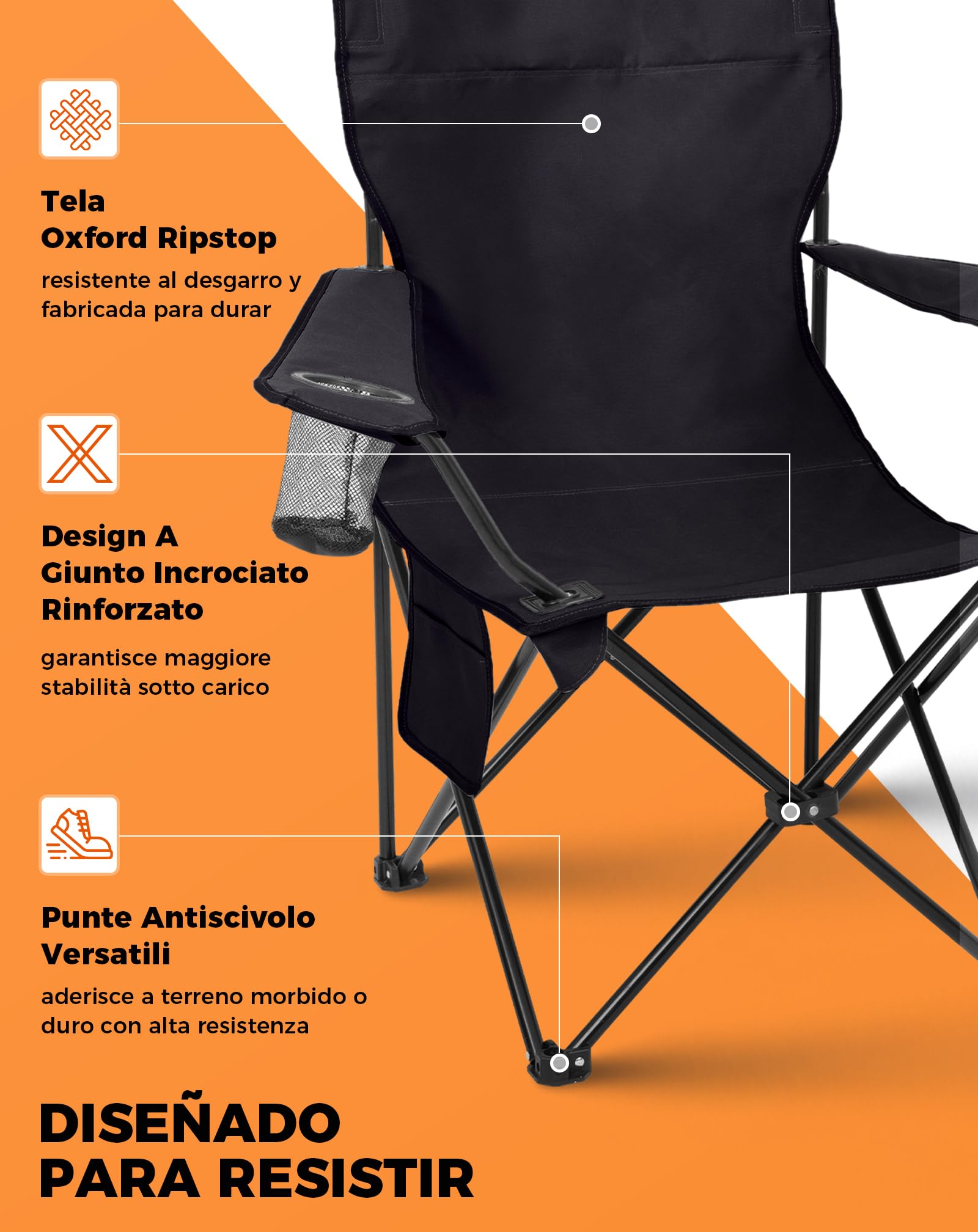 KingCamp Silla de Camping Plegable Ergonómica Acolchada 150 kg | Con Portavasos, Bolsillo Lateral, Solo 2,8 kg, Tamaño Compacto 15×15×93 cm para Camping, Jardín, Pesca y Exterior