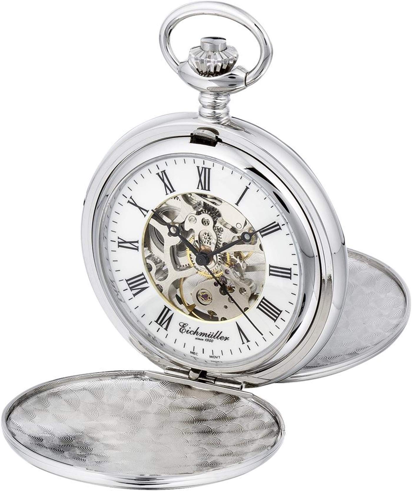 Eichmüller mechanische Edelstahl Skelett Taschenuhr Silber mit Kette und Etui, Handaufzug mit ca. 40 Stunden Gangreserve