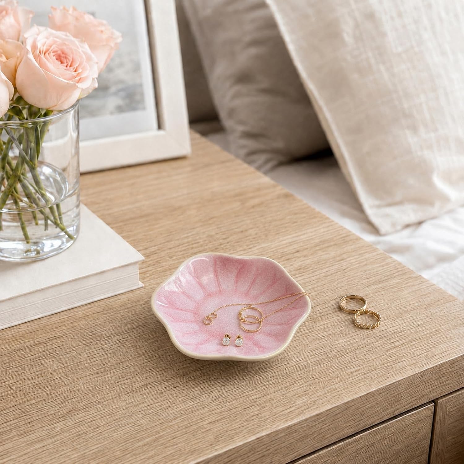 Ceramic Jewelry Tray, Lotus Leaf Ring Dish, Trinket tray Necklace Earrings small jewelry dish, Decorative Bowl for Dresser and Nightstand, Key Tray for Entryway, Gifts for Women, Pink image 5