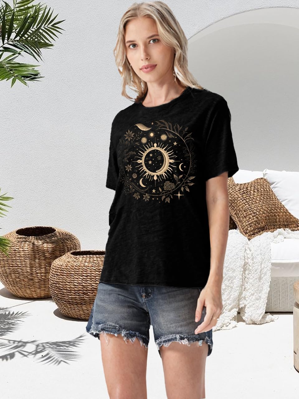 Women Graphic Tees Shirt Mystical Moon and Sunflower Shirt Short Sleeve Casual Celestial T Shirts - Image 3