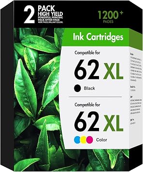 62 62XL Ink Cartridges Black and Color Combo Pack Envy 7640 5660 Replacement for HP 62 62XL Ink Envy 7645 5540 5740 5660 5740 OfficeJet 200 250 Printer High Yield Black Tri-Color 2-Pack