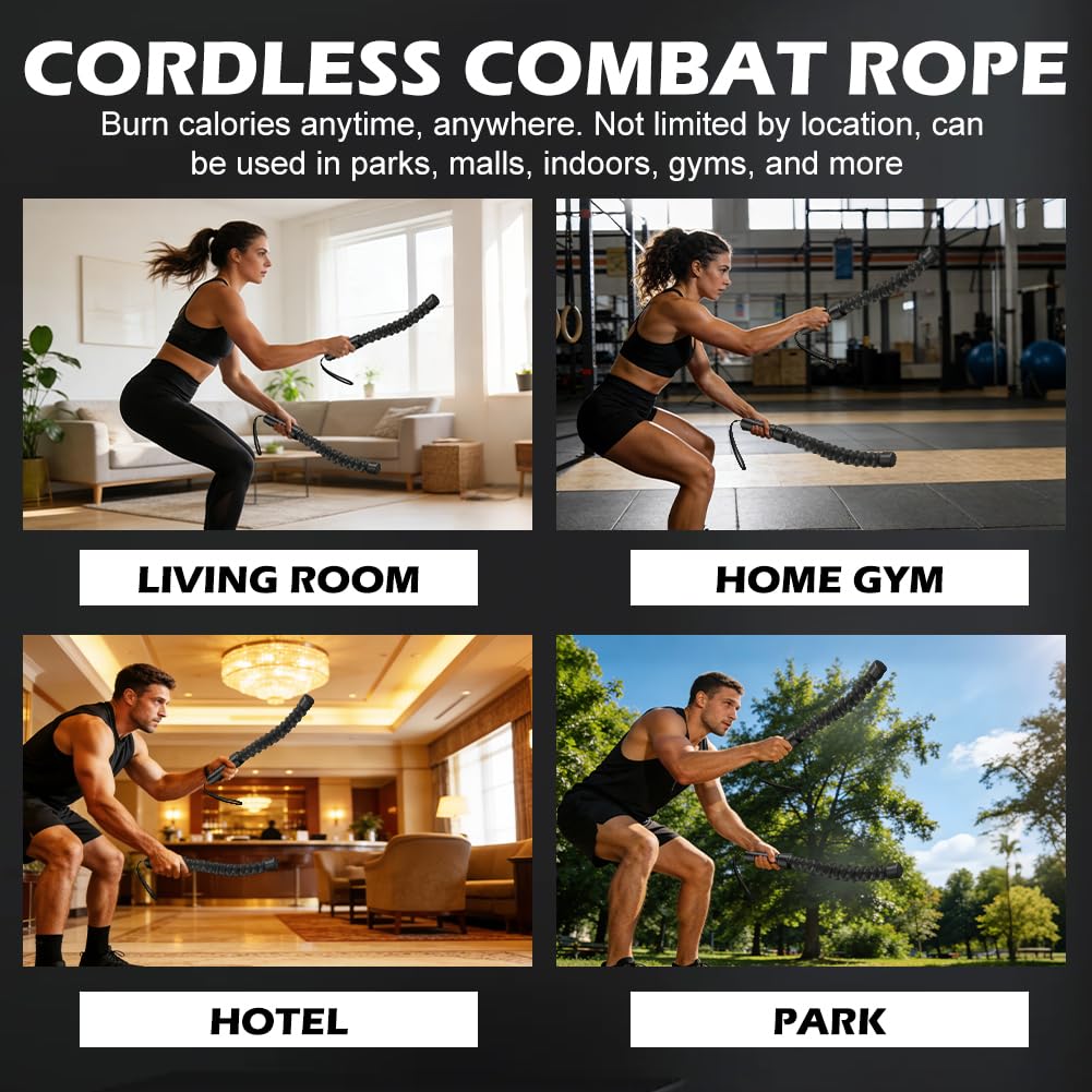 Battle Ropes Lot de 2 cordes de combat sans corde avec poignée antidérapante, portables pour le développement musculaire, l'entraînement du haut du corps et le cardio à la maison, en plein air ou à la
