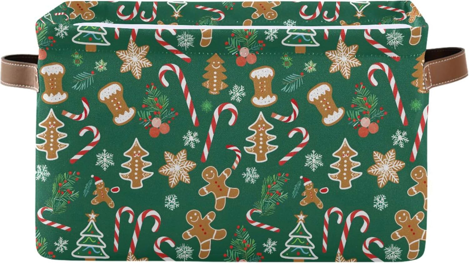 MNSRUU Storage Basket Candy Canes Gingerbread Man Collapsible Organizer Basket for Shelves with PU Handles, Decorative Waterproof Nursery Laundry Storage Cubes Bins, 2 Pack