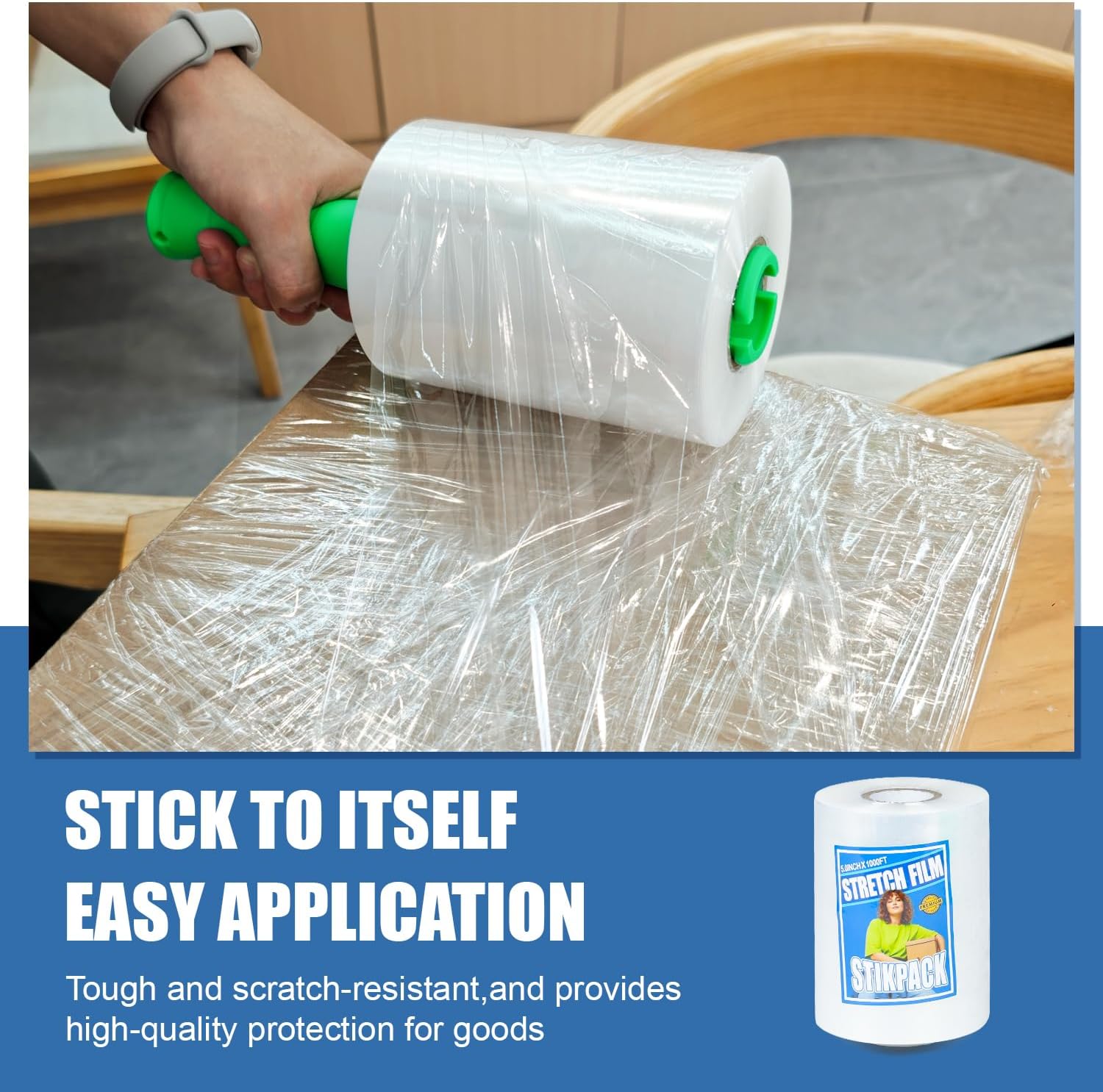 4-Pack Industrial Strength Mini Clear Stretch Wrap Film 5" 1000 Ft Roll 80 Gauge Thick with Plastic Handle, Durable Self-Adhering Heavy Duty Shrink Plastic Wraps for Pallets Moving & Packing