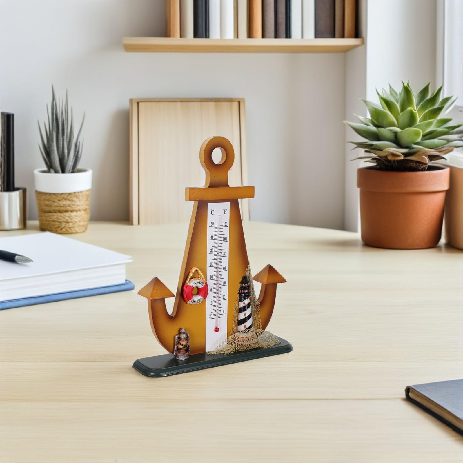 BESTonZON Termometro Nautico da Tavolo in Stile Ancora Retrò, Decorazione Marina per Interno ed Esterno, Misuratore di Temperatura Compatto per Casa, Ufficio e Giardino