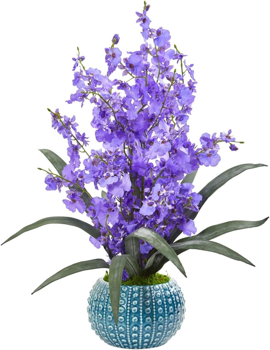 Nearly Natural Dancing Lady Orchid Artificial Blue Vase Silk Arrangements, Purple