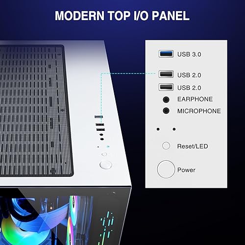 Vista 6 de GIM ATX - Funda para PC para juegos, vidrio templado de visión completa de 270°, soporte RAD de 14.173 in, carcasa de computadora de torre media