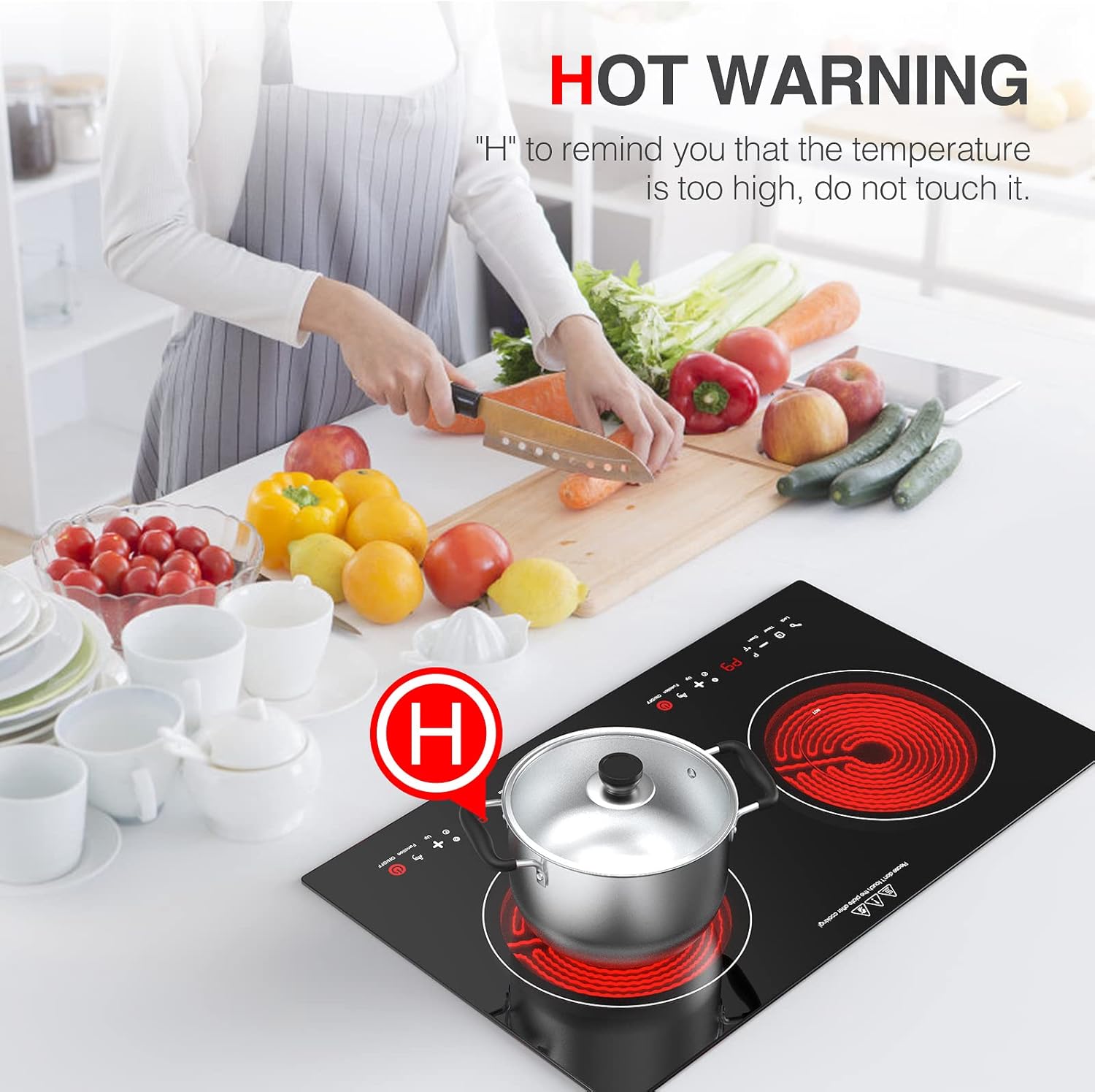 Electric Cooktop, 2 Burner Electric Cooktop LED Touch Screen, 9 Heating Levels, Hot Surface Indicator Hot Plates for Cooking, 2400W 120V Built