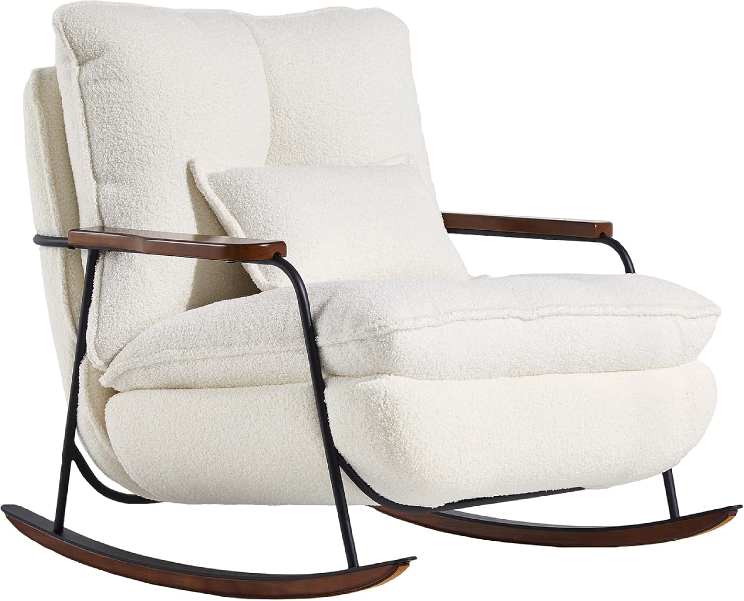 zyz Oversized Nursery Rocking Chair with Pillow, Teddy Upholstered Rocker Chair with Solid Wood & Steel Frame, 25° Gentle Rocking Accent Chair with DIY Ottoman Footrest for Living Room Bedroom, White