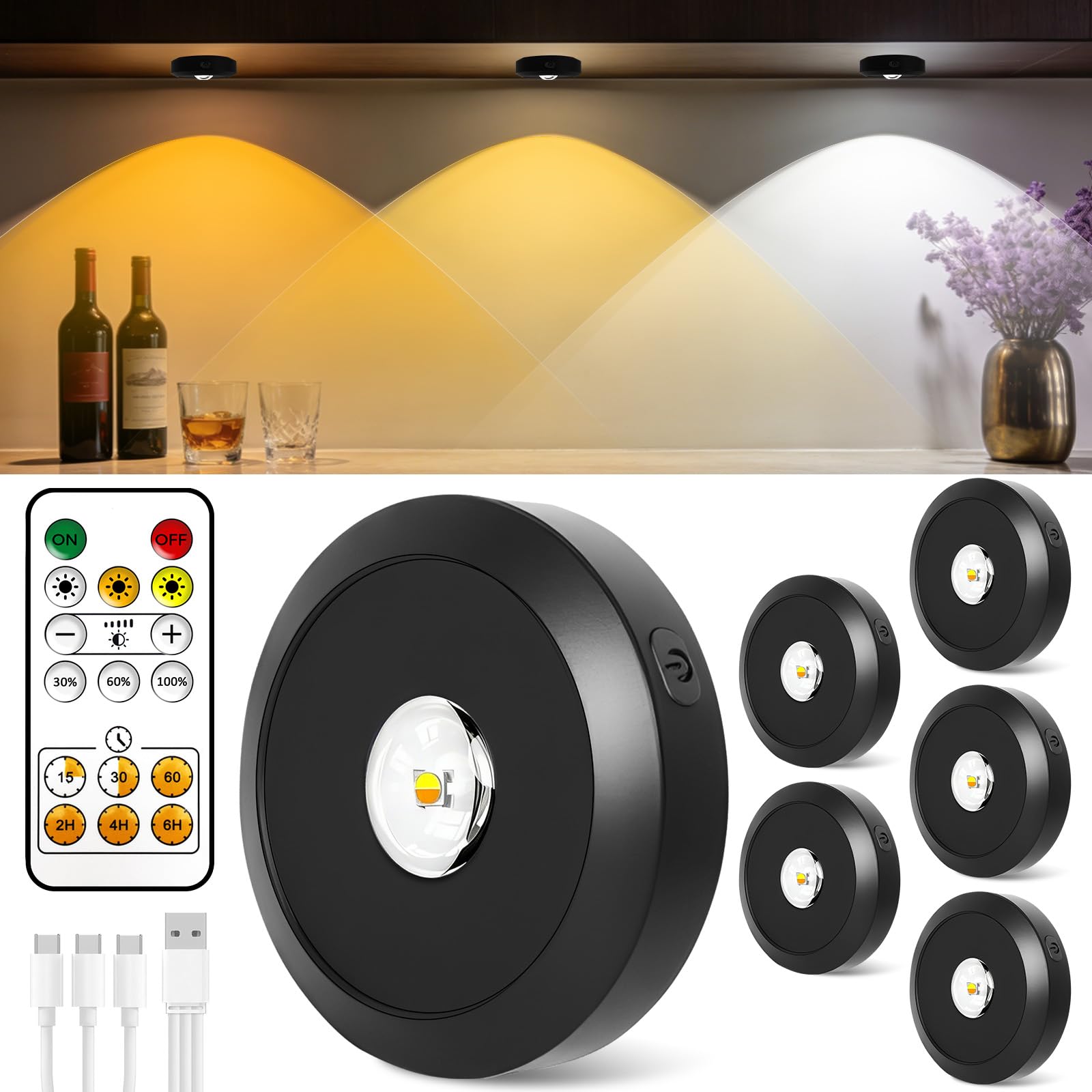 Set di 6 Faretti LED USB con Telecomando, Dimmabili, 30 Colori Cambiabili, Luci Senza Fili per Vetrine, Armadi e Cucina, Illuminazione Adesiva e Magnetica con Timer e Funzione Touch