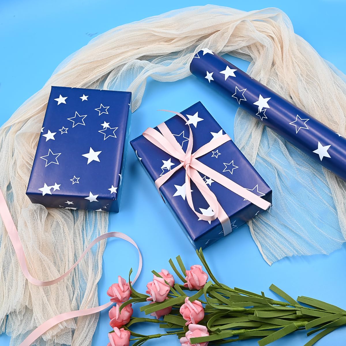12 fogli di carta da regalo blu natalizia rotolo di