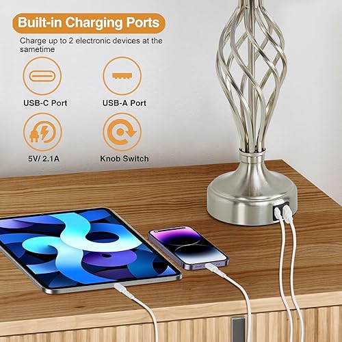 Miniatura 4 de Lámpara de mesa para dormitorio, juego de 2 con puertos USB C+A, modernas lámparas de noche con base de jaula en espiral, pantalla de tela blanca,
