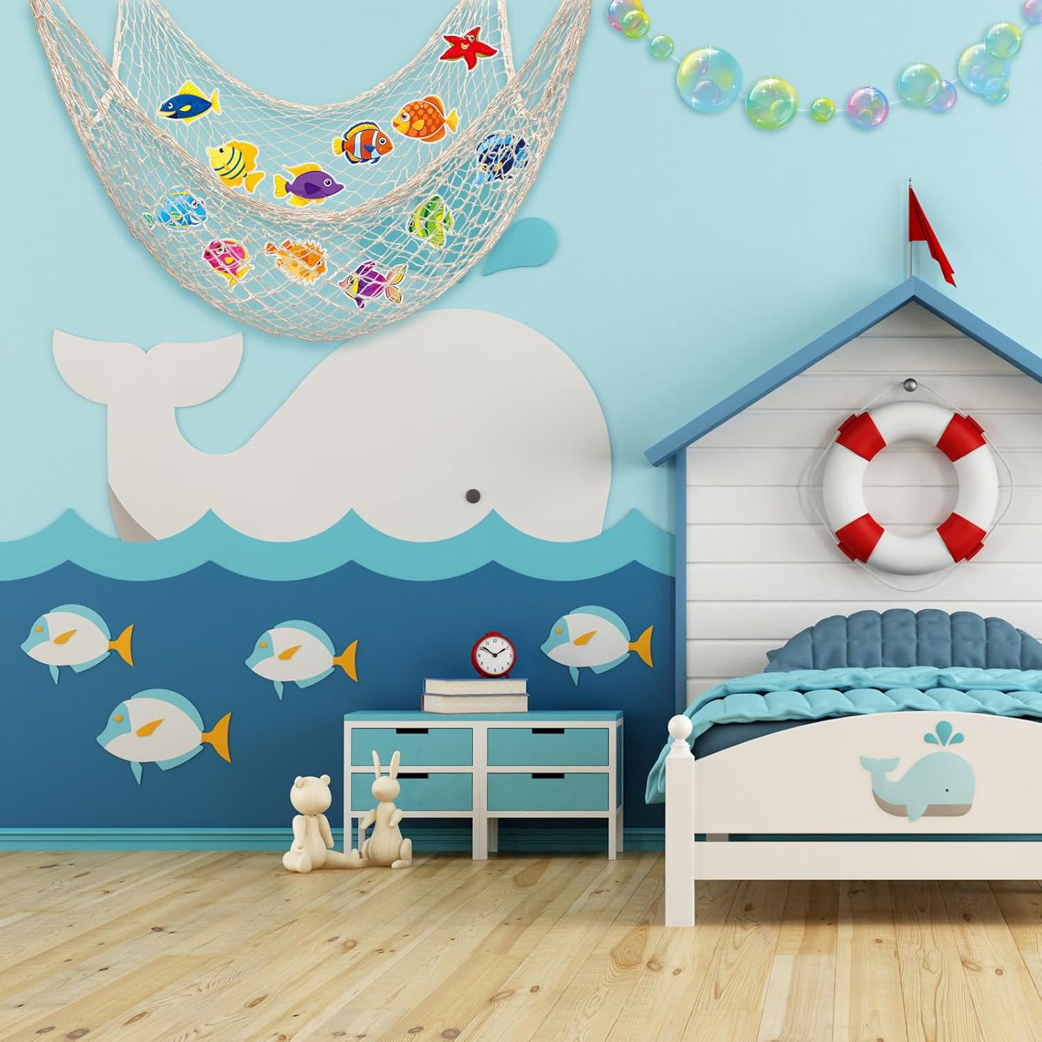 Chunful 55 Pcs Under The Sea Party Decoration Tropical Fish Hanging Swirls, Fish Net and Transparent Bubble for Ocean-Themed and Mermaid-Themed Birthday Party Decorations Baby Shower Photo Props Art