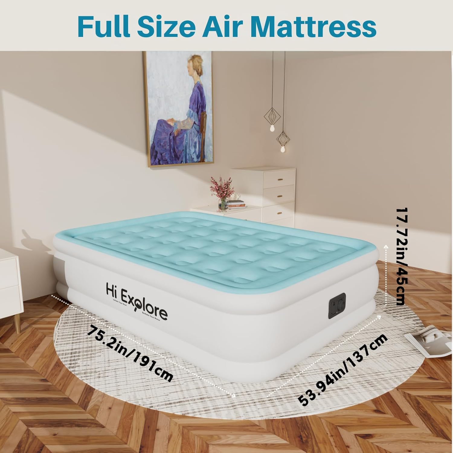 Air Mattress Full with Built in Pump Raised, Comfort Plush Self Inflating Mattress, Inflatable Blow Up Mattress, Portable Airbed for Home, Guests, Camping(Light Blue, 18” Height)