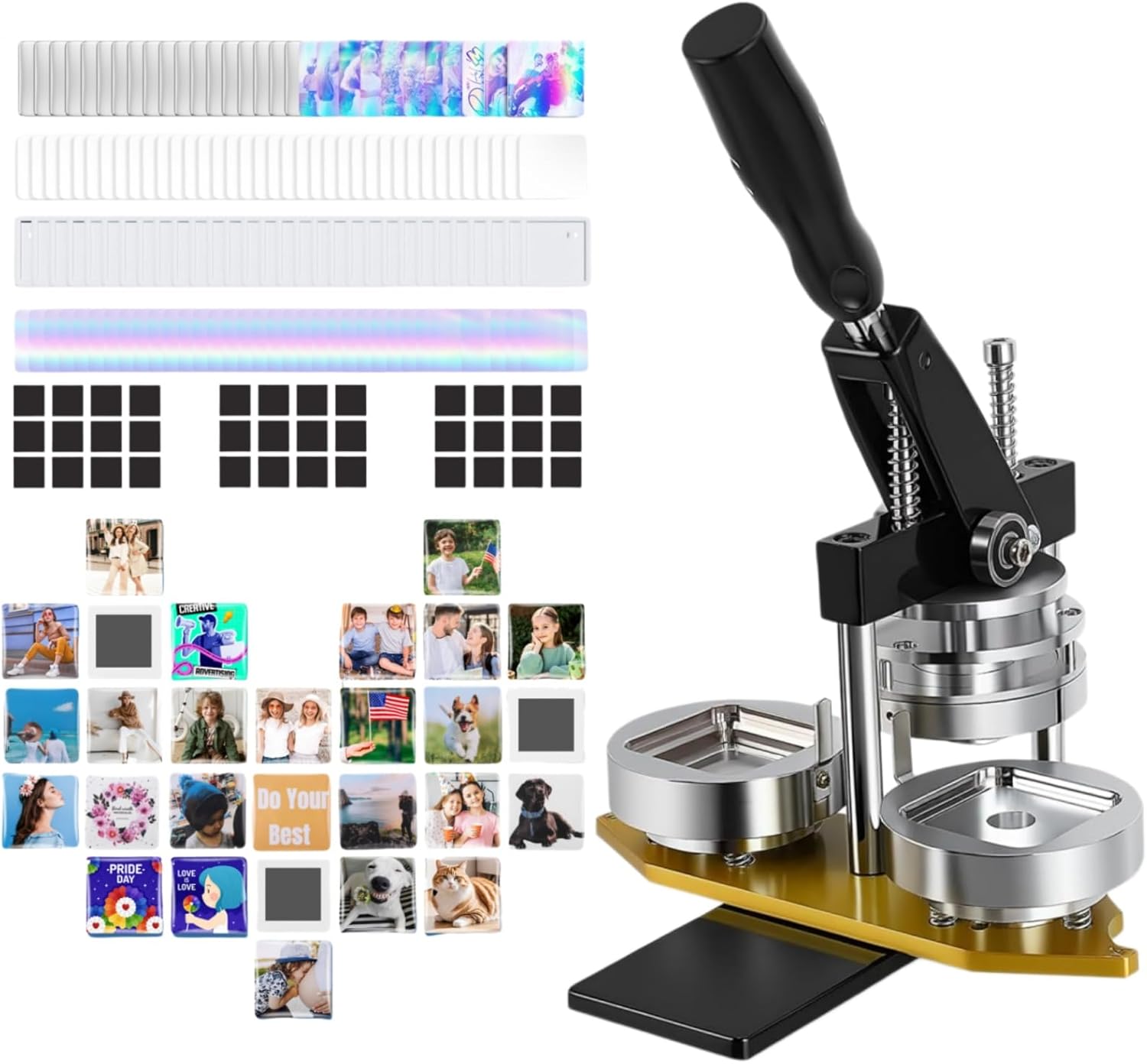 Professional Heavy-Duty Square Magnet Maker Machine Kit (2"x2") w/ 300 Pcs Magnet Supplies, Holographic & Clear Film for Custom DIY Photo Fridge Magnets, Souvenir Gift, School Craft, Small Business