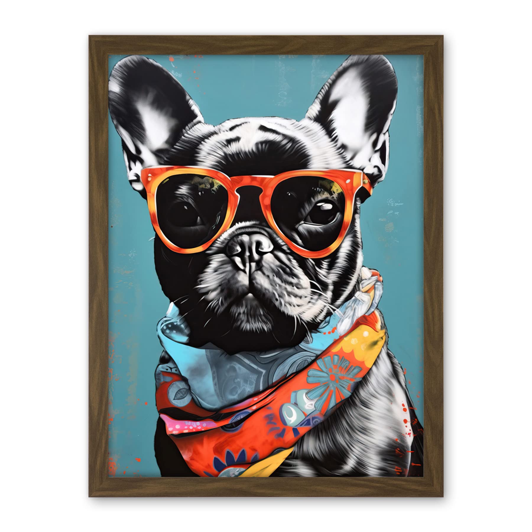 Artery8 English Bulldog Wearing Bandana and Sunglasses Artwork Framed Wall Art Print 18X24 Inch