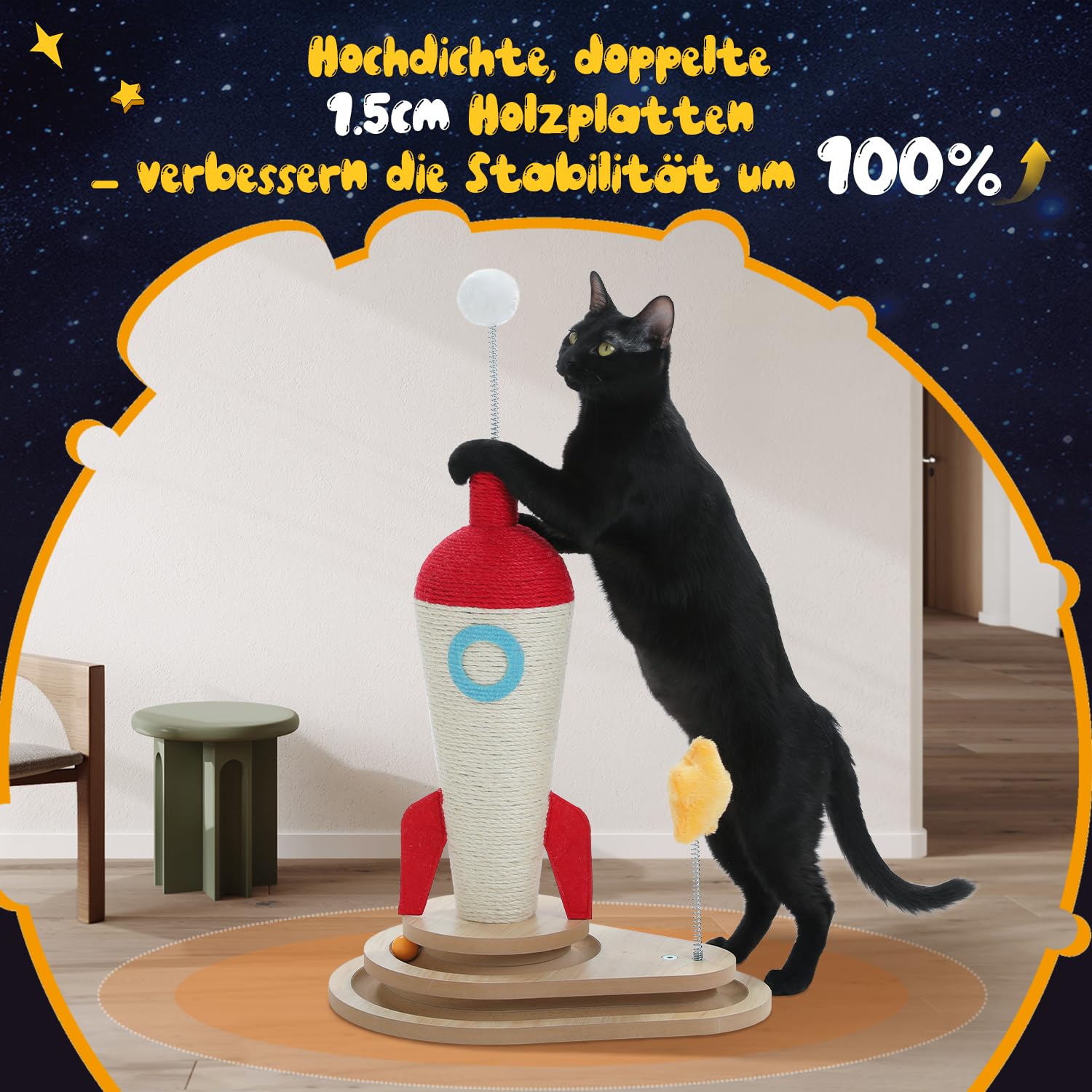 PETEPELA Rocket Design drapak dla kotów domowych, 61 cm, drapak dla kota z interaktywną zabawką dla kota, niebieski i biały