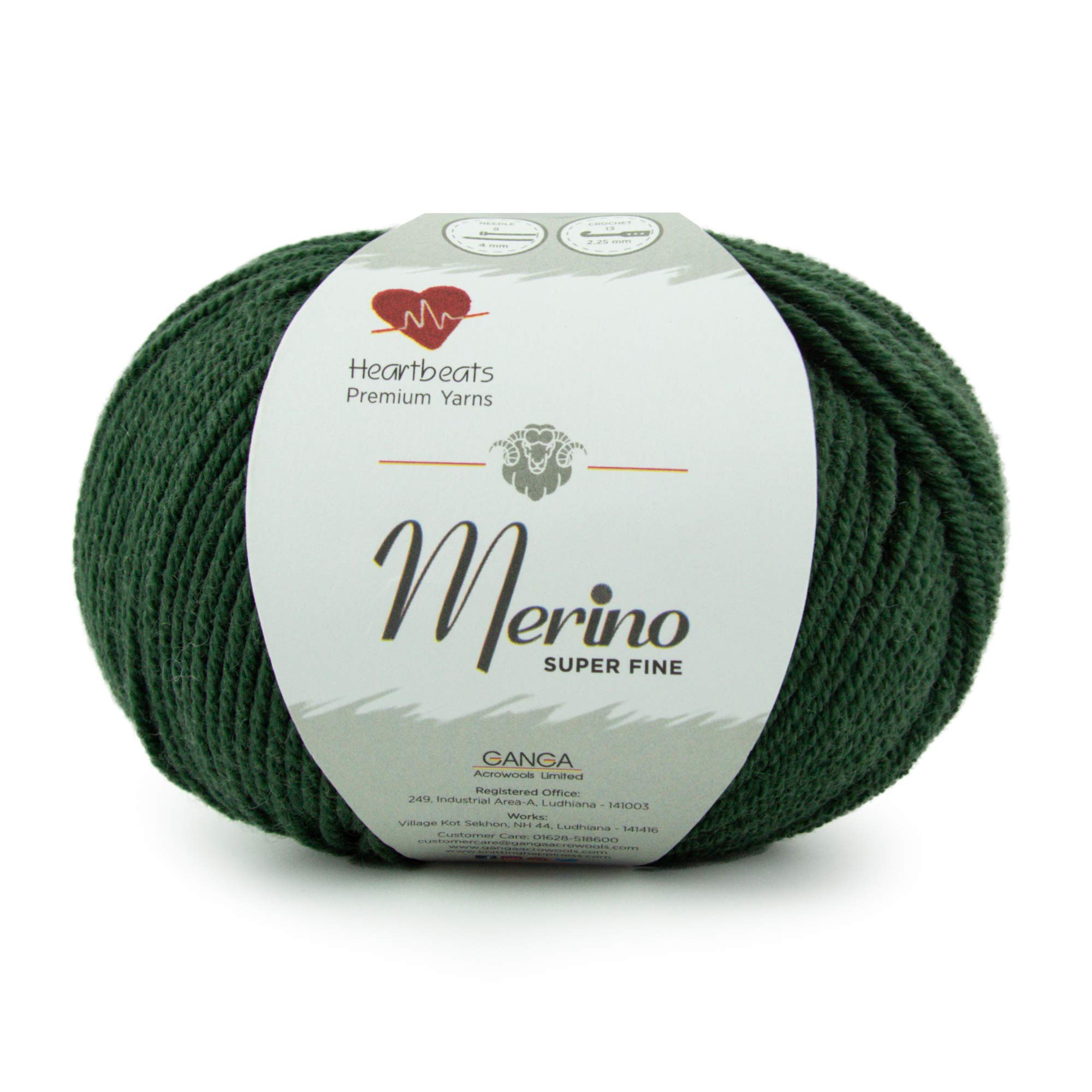 Heartbeats Merino Superfine,is 100% Pure New Wool Mark Certified. Oekotex Class 1 Certified. Pack of 2 Balls-50Gm Each. MSF19 Bottle Green