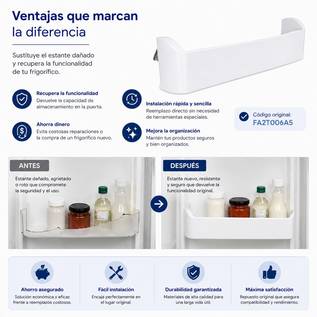 CABLEPELADO Bandeja botellero para nevera | Bandeja de refrigeración nevera | Estante frigorífico | Código original FA2T006A5 | 494 mm ancho x 140 mm alto | Compatible con Fagor FA2T006A5 FD282NF