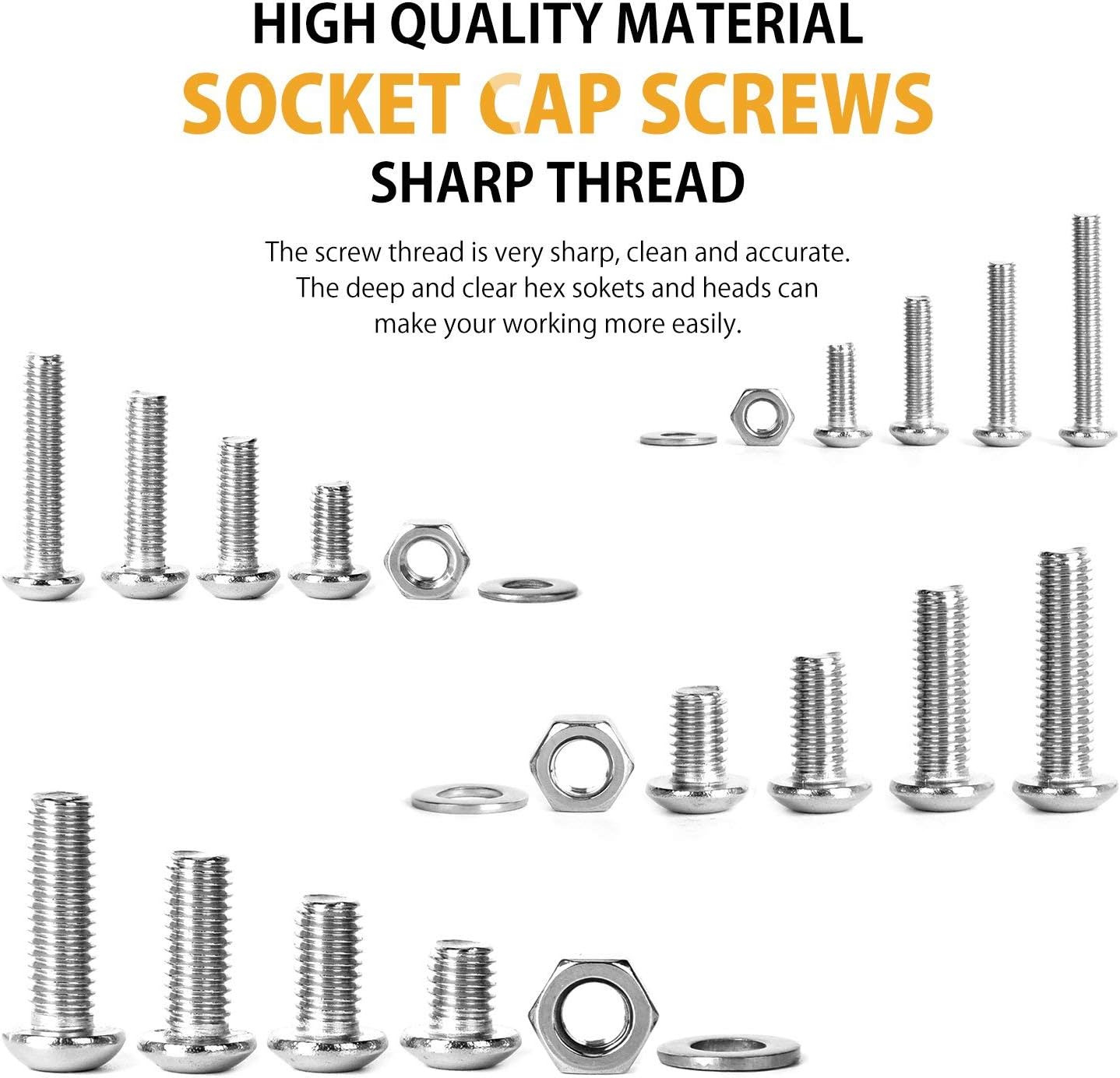 Exclusive Discount 50% Price 304 Stainless Steel Screws and Nuts, M3 M4 M5 M6 Hex Socket Head Cap Screws Assortment Set Kit with Storage Box (520 Pcs Hex Button Head Cap Screws Nuts)