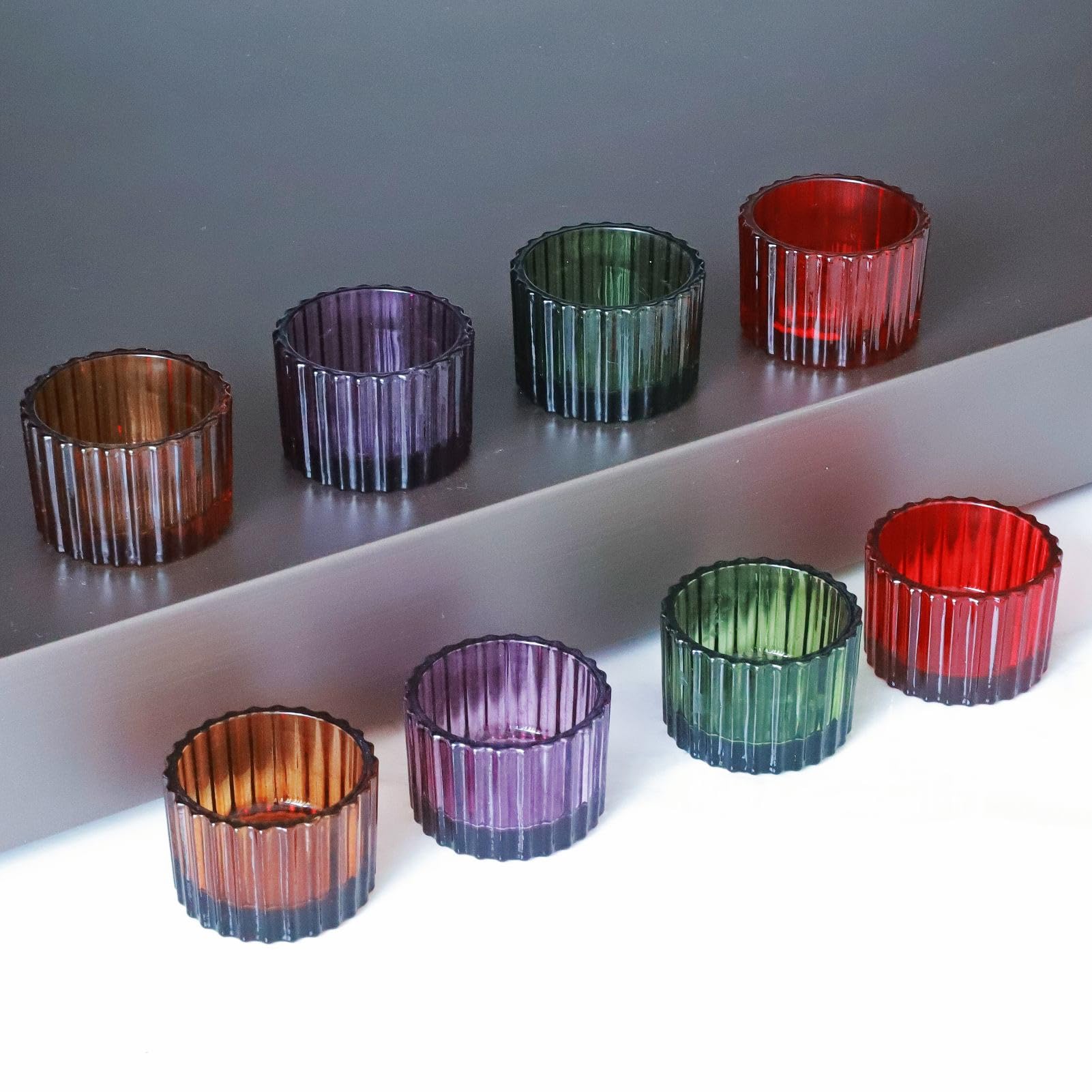 VOHO Lot de 12 photophores en verre côtelé pour décoration d'automne, 4 couleurs, pour centre de table, pour Halloween, Thanksgiving, Noël, cadeaux