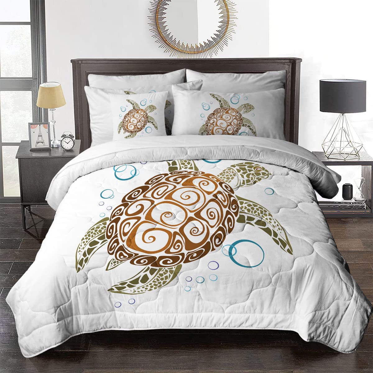 BlessLiving Sea Turtle Bed Set - Mandala Turtle Bedding - 1 Comforter, 2 Shams, 1 Flat Sheet, 1 Fitted Sheet, 1 Cushion Cover, 8 Piece, Twin, White
