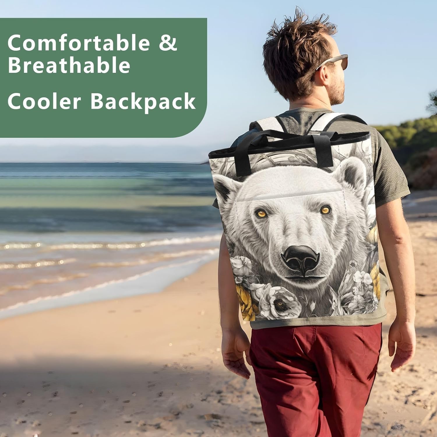 Polar Bear Flower Cooler Backpack, Keep 36 Cans Cold for Up to 24 Hours, Insulated Waterproof Backpack Coolers, Funny Cute Cooler Bookbag for Women Travel Camping Beach