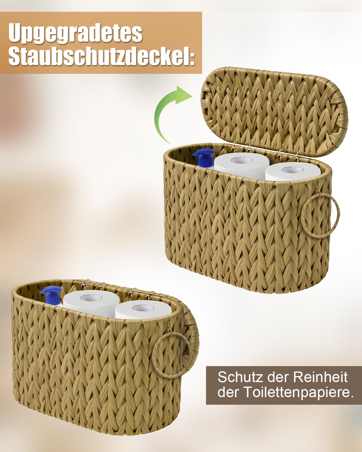 Handgefertigter Rattan-Korb für Toilettenpapier mit Deckel, Zeitschriftenhalter, integriertes Design, Aufbewahrungsbehälter für Klopapier, WC Papier Aufbewahrung, Haushaltswaren-Organizer Gelb